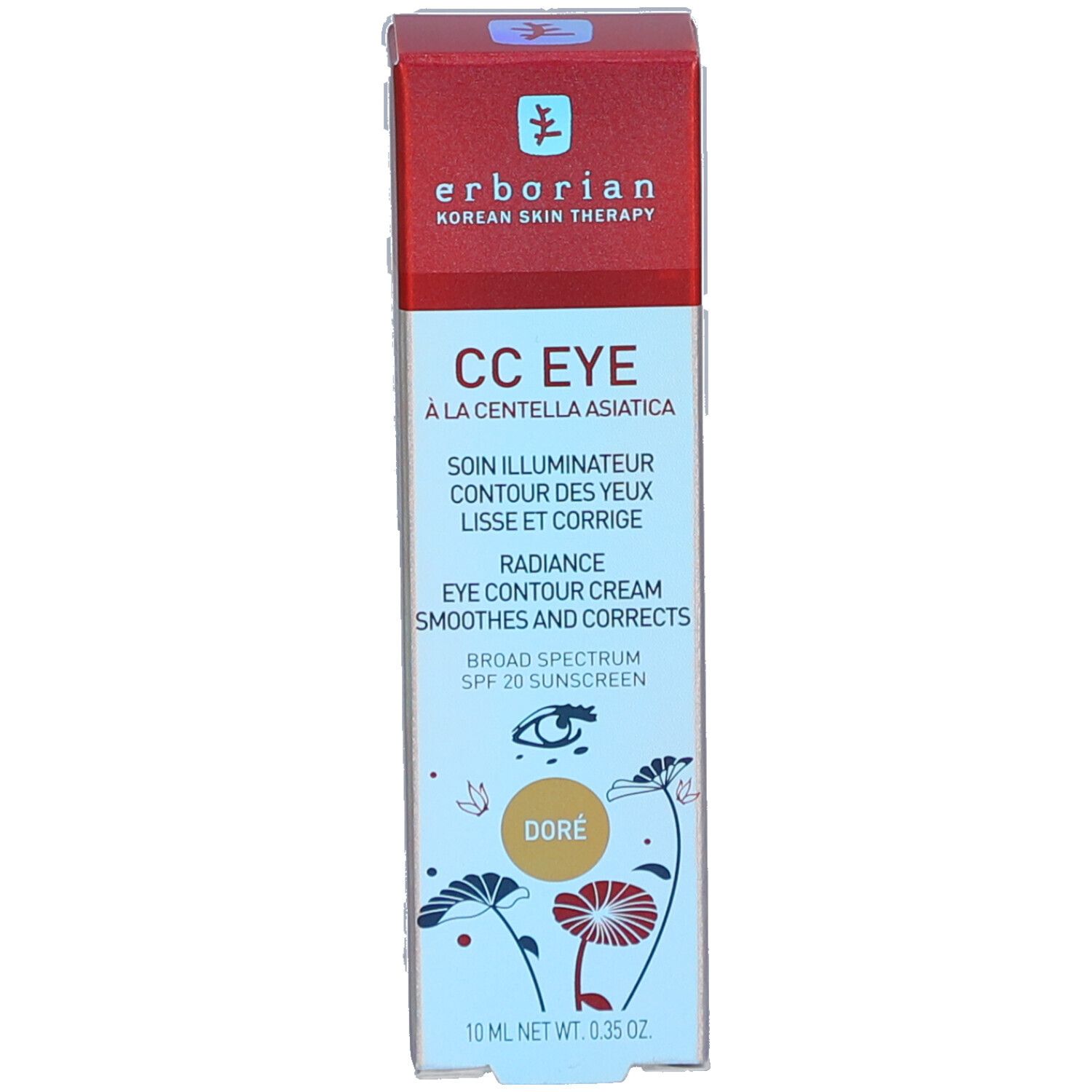Erborian CC Eye-Verpackung. Rote Schachtel mit Text und Logo. "Doré" auf der Schachtel.