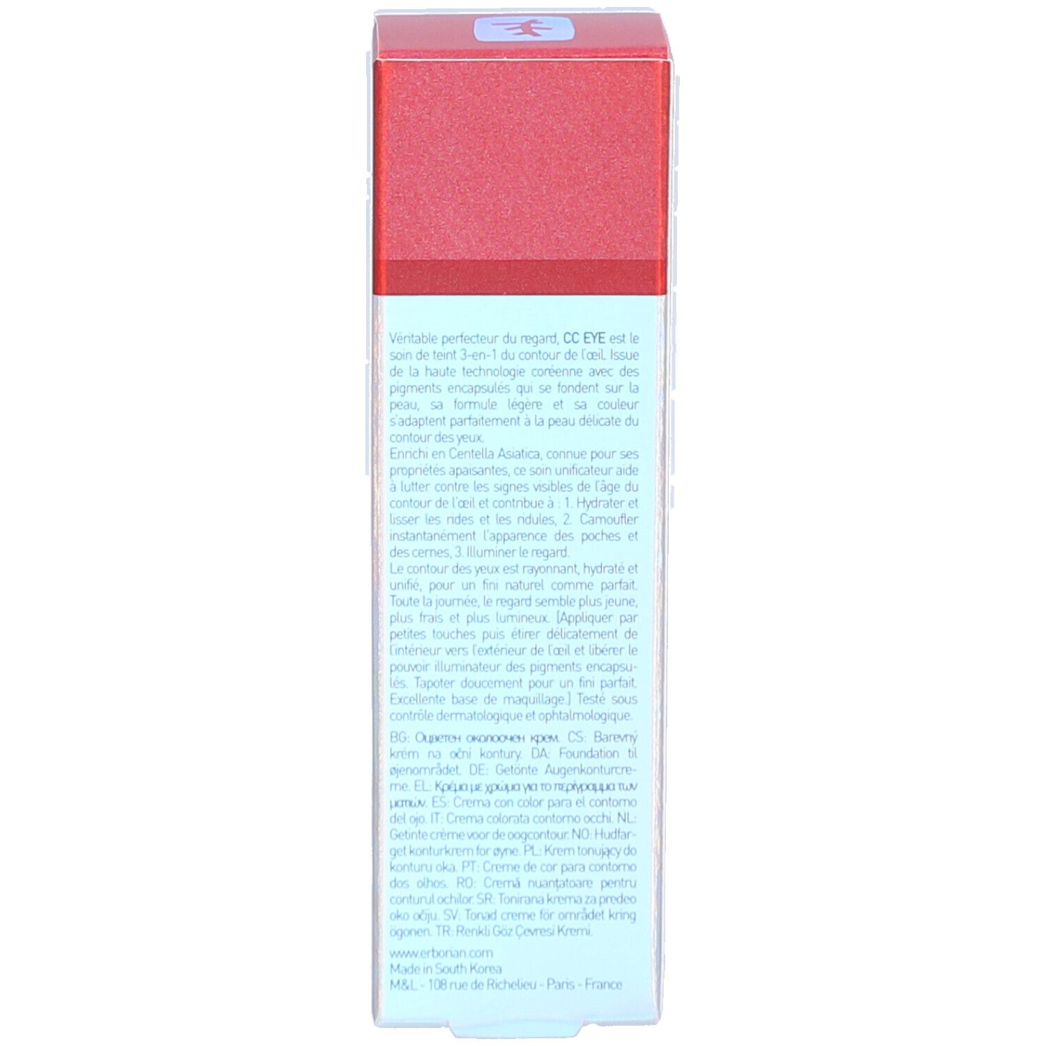Seite der Erborian CC Eye-Verpackung. Text in mehreren Sprachen. Rote und blaue Farben.