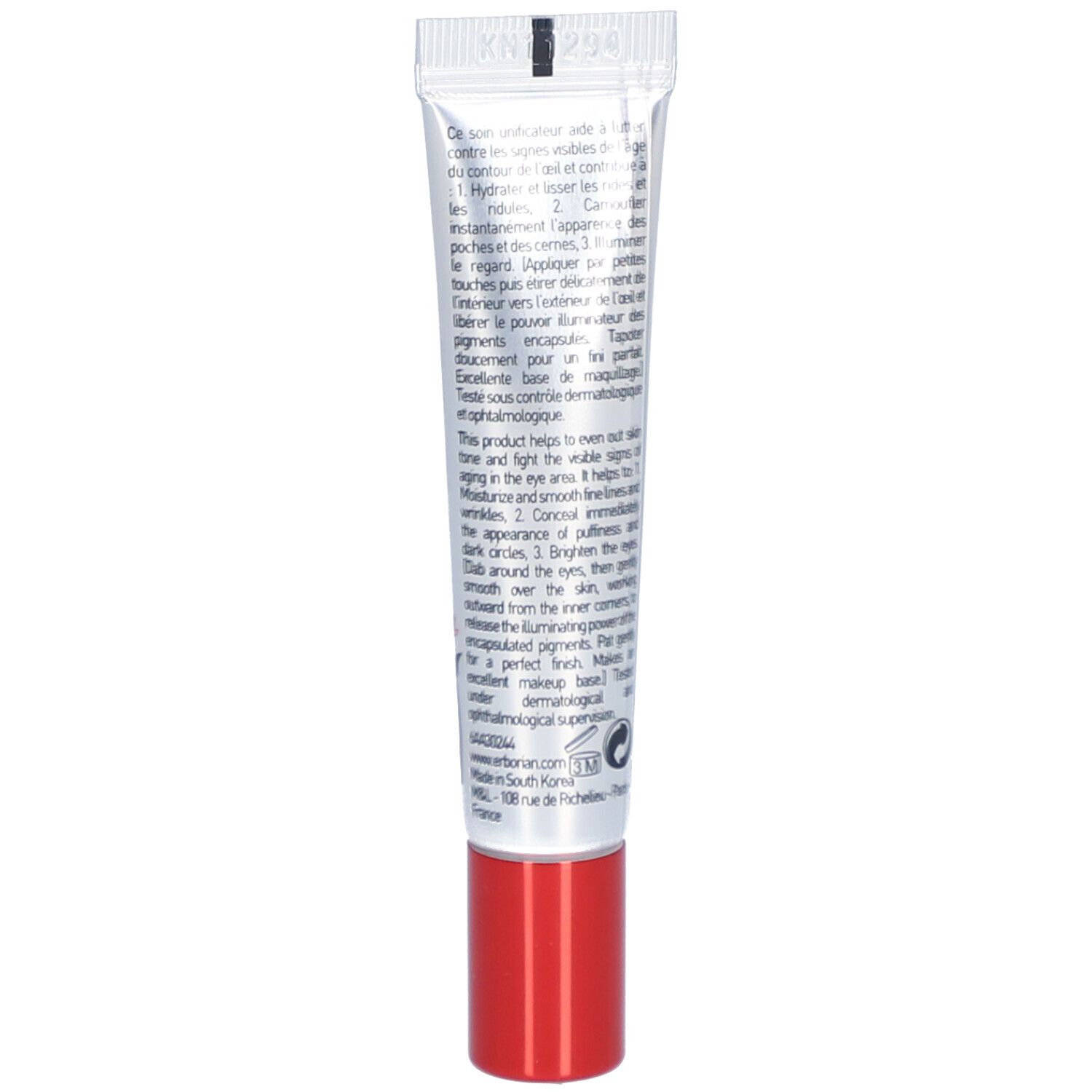 Rückseite der Erborian CC Eye Clair Tube mit Anwendungshinweisen.