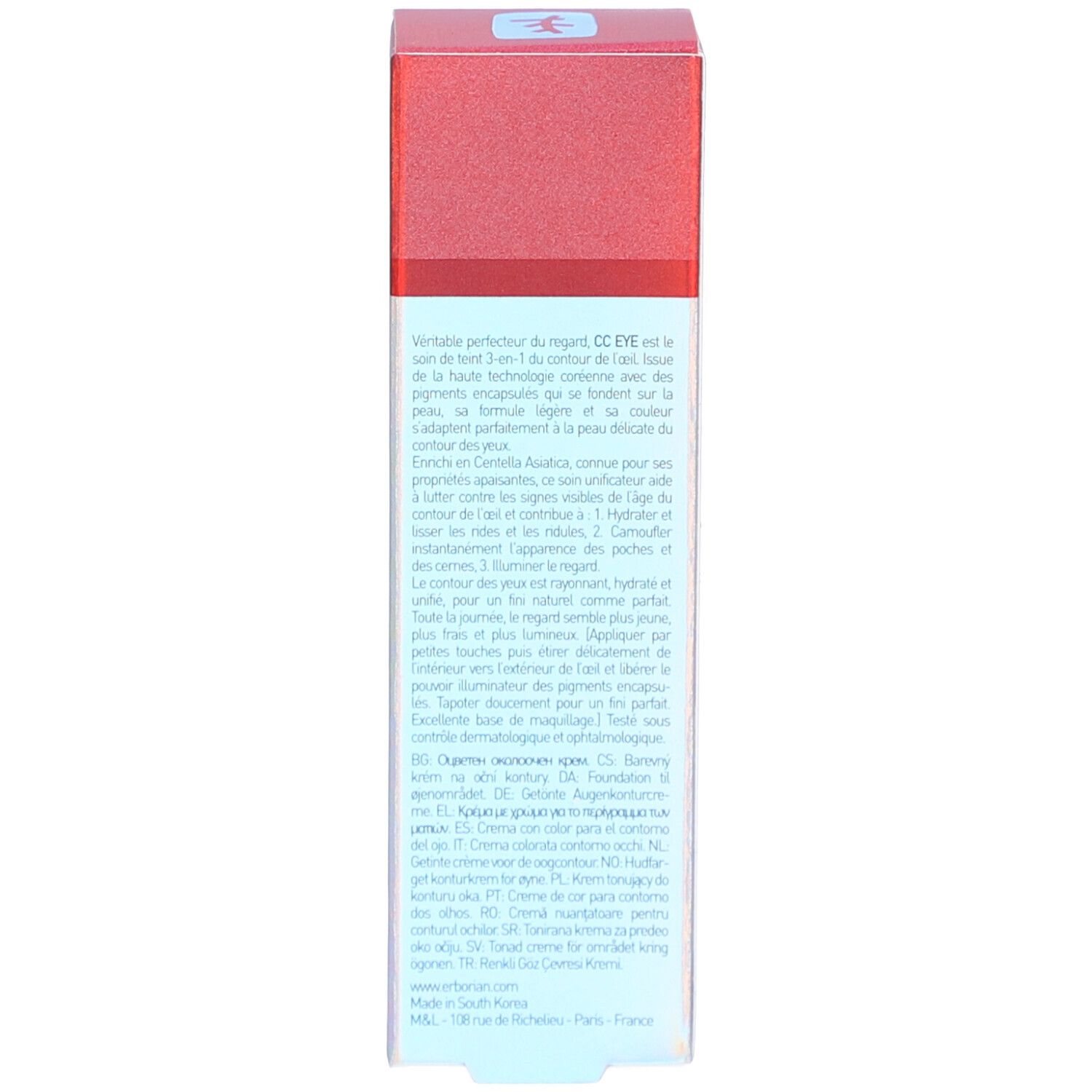 Rückseite der Erborian CC Eye Clair Faltschachtel mit Produktbeschreibung.