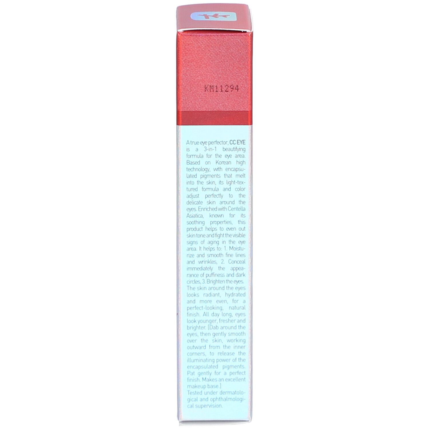 Seite der Erborian CC Eye Clair Faltschachtel mit Produktinformationen.