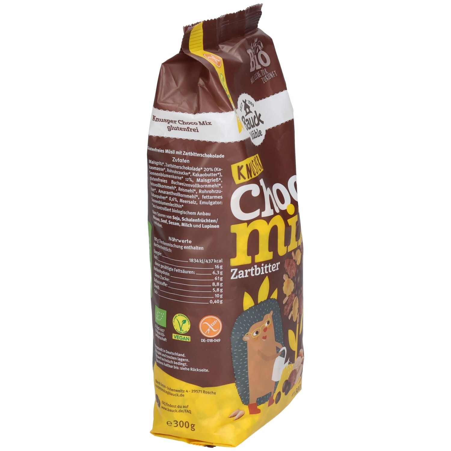 Braune Tüte, seitliche Ansicht. Aufschrift "KNUSPER Choco Mix Zartbitter". Vegan- und Bio-Siegel. Nährwertangaben.