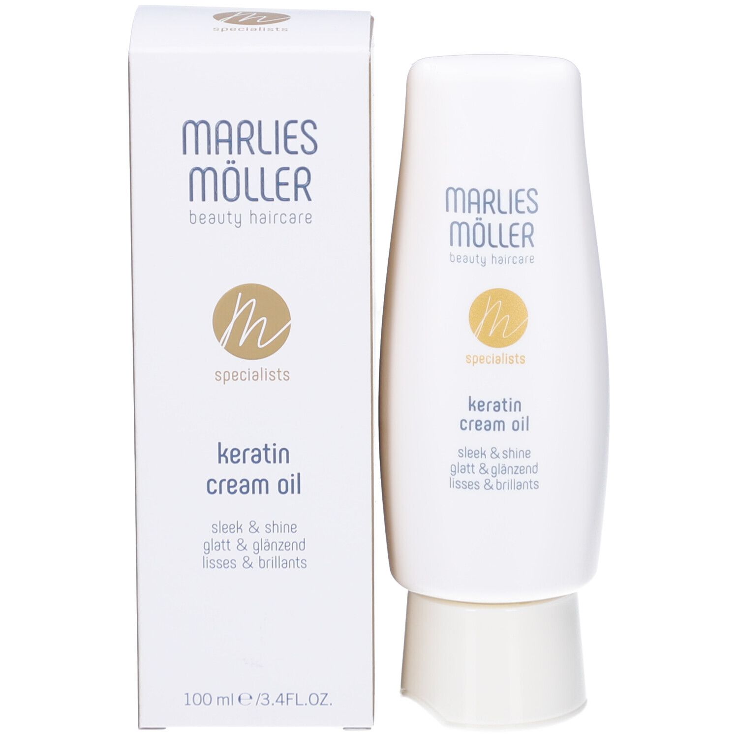 Produktverpackung mit Flasche. Marke: Marlies Möller. Produkt: Keratin Cream Oil. Text: sleek & shine, glatt & glänzend, lisses & brillants.