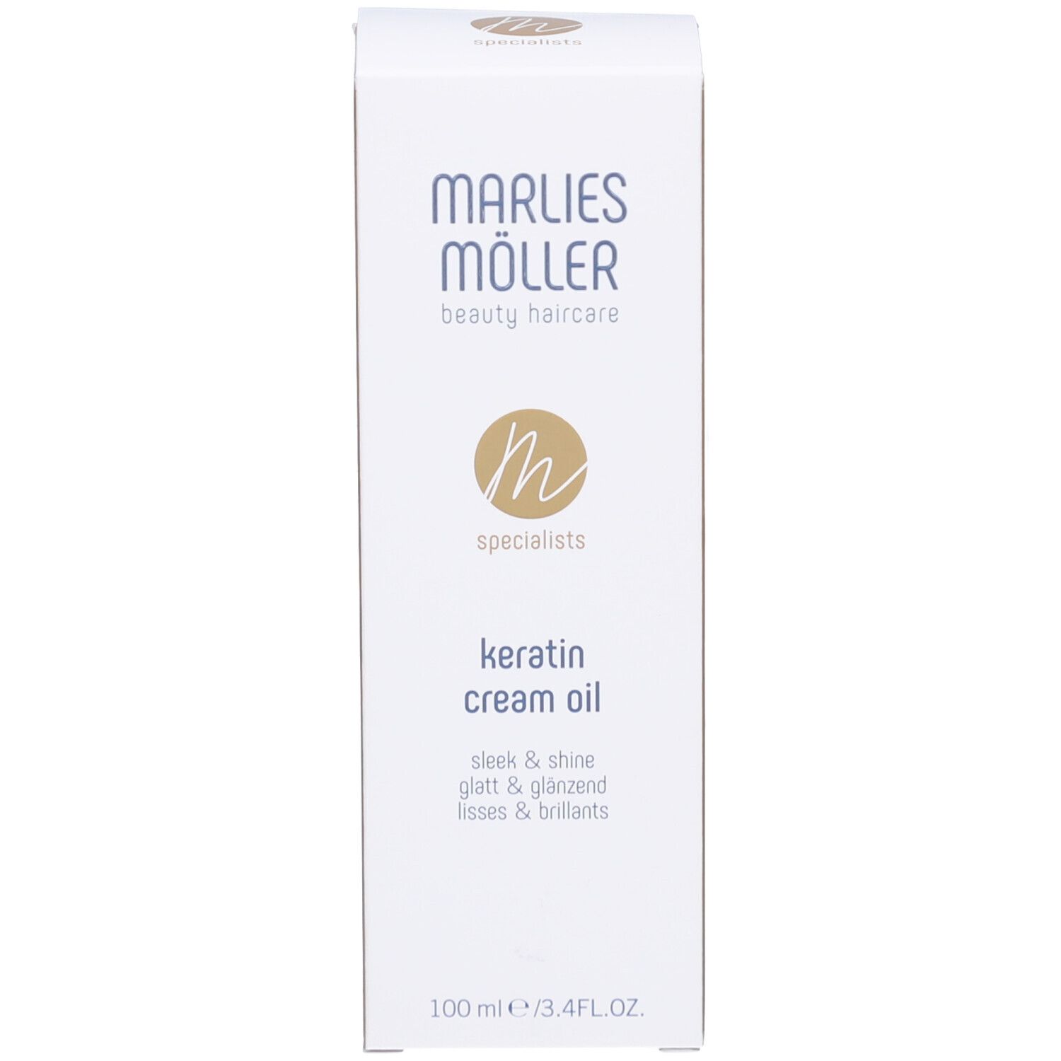 Produktverpackung. Marke: Marlies Möller. Produkt: Keratin Cream Oil. Text: sleek & shine, glatt & glänzend, lisses & brillants.
