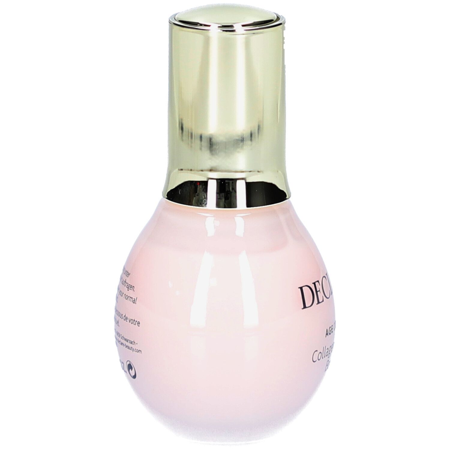 Rückansicht einer rosa Flasche mit goldenem Deckel. Text auf der Flasche. DECLARÉ, Collagen & Elastin Booster.