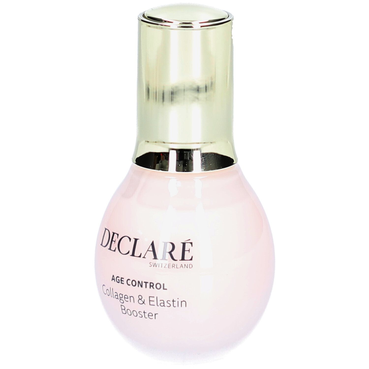 Rosa Flasche mit goldenem Deckel. DECLARÉ, AGE CONTROL, Collagen & Elastin Booster. Schweizer Produkt.