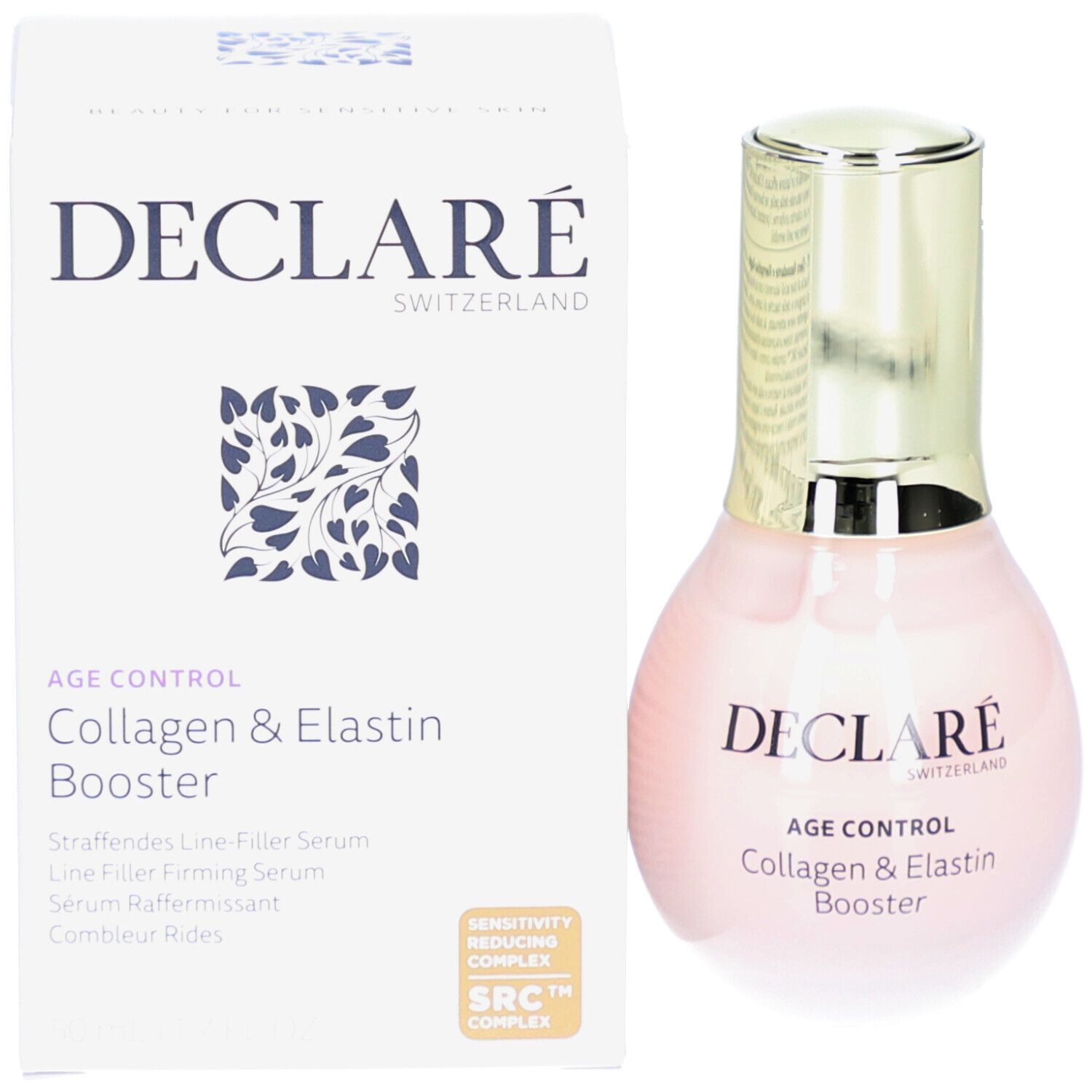 Produkt und Verpackung. DECLARÉ, AGE CONTROL, Collagen & Elastin Booster. Weißer Karton.