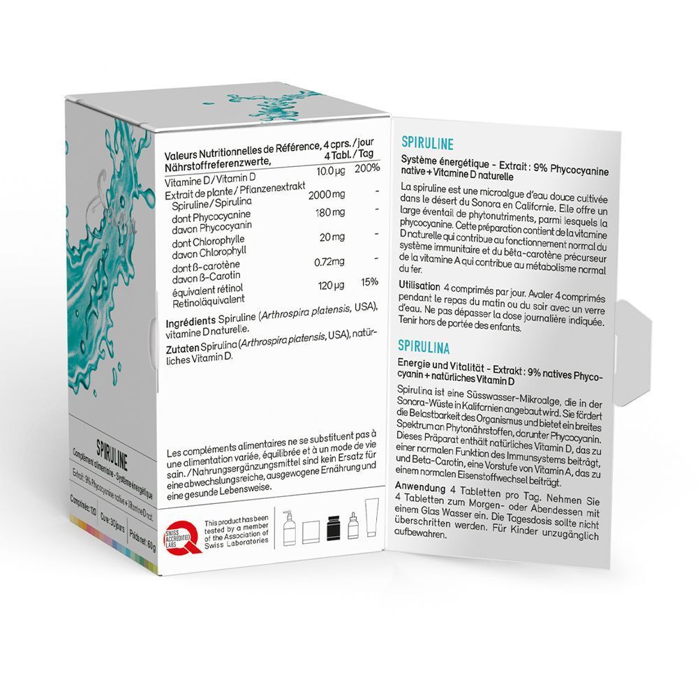 Geöffnete weiße Produktverpackung mit Tabellen und Text in Deutsch und Französisch. Enthält Nährwertangaben und Inhaltsstoffe.