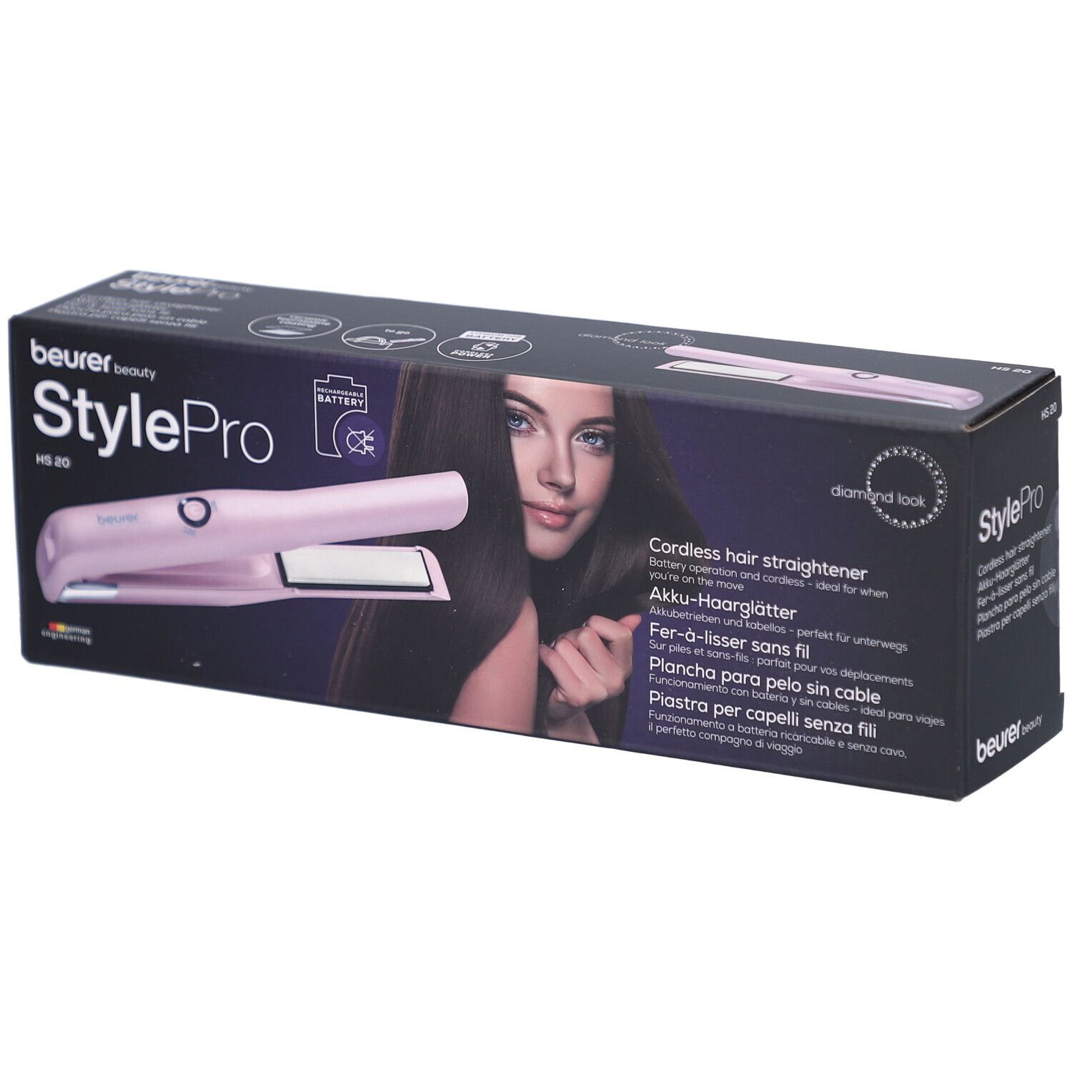 Beurer StylePro HS 20 Akku-Haarglätter in Verpackung. Pinkes Gerät, Frau mit langen Haaren auf der Verpackung.