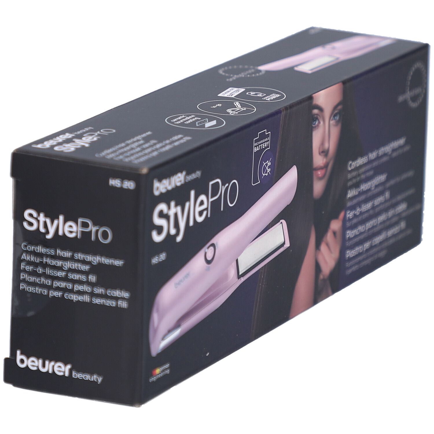 Beurer StylePro HS 20 Akku-Haarglätter in Verpackung. Pinkes Gerät, Frau mit langen Haaren auf der Verpackung.