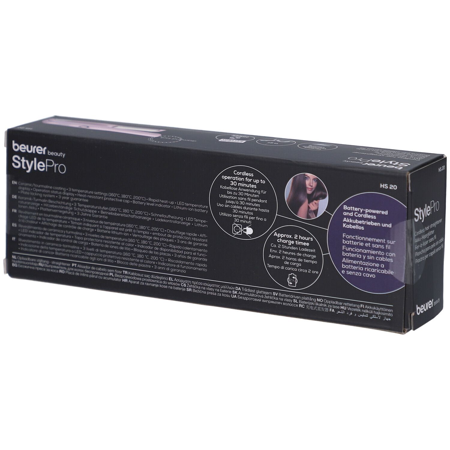 Rückseite der Verpackung des Beurer StylePro HS 20 Akku-Haarglätters. Informationen und Piktogramme.