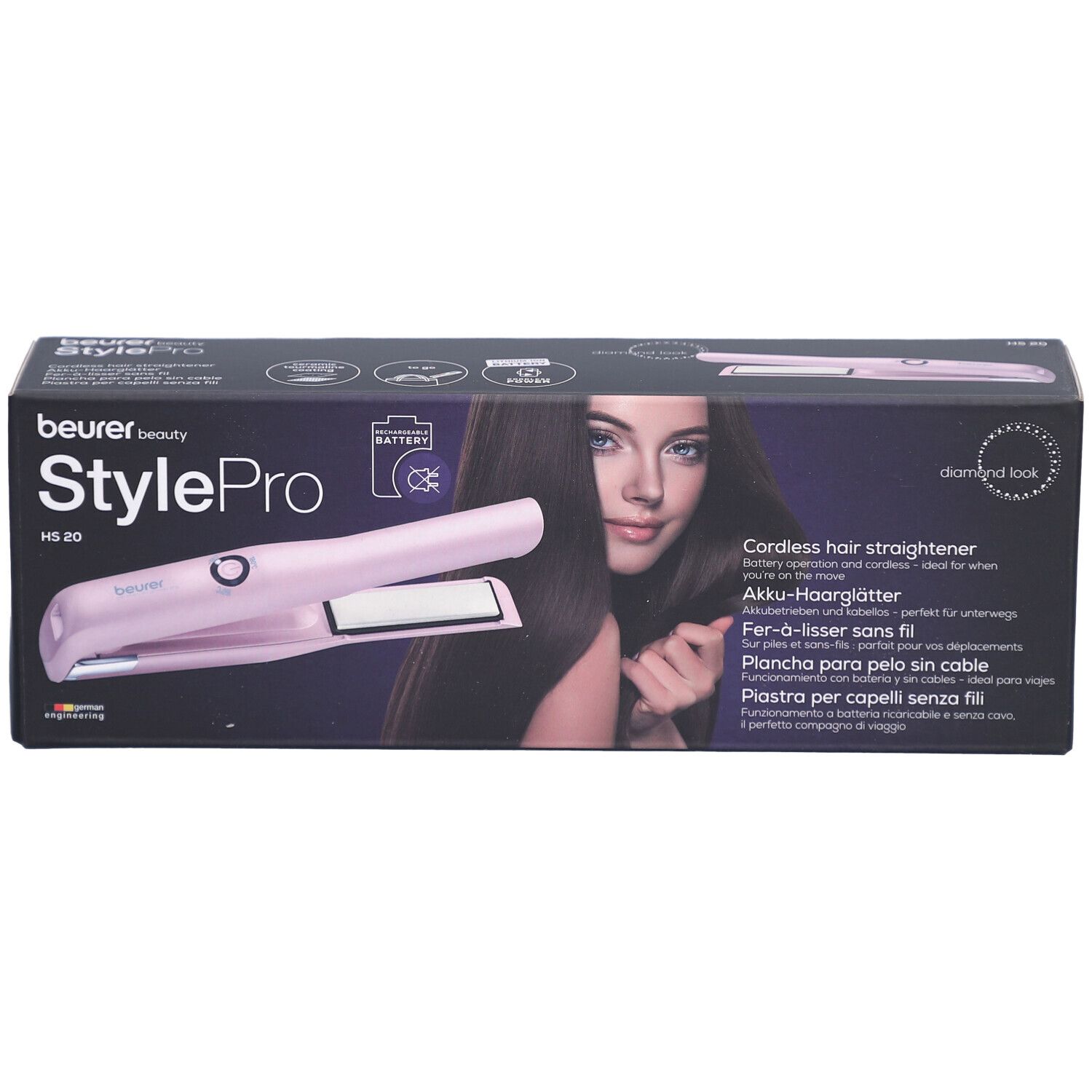 Beurer StylePro HS 20 Akku-Haarglätter in Verpackung. Pinkes Gerät, Frau mit langen Haaren auf der Verpackung.