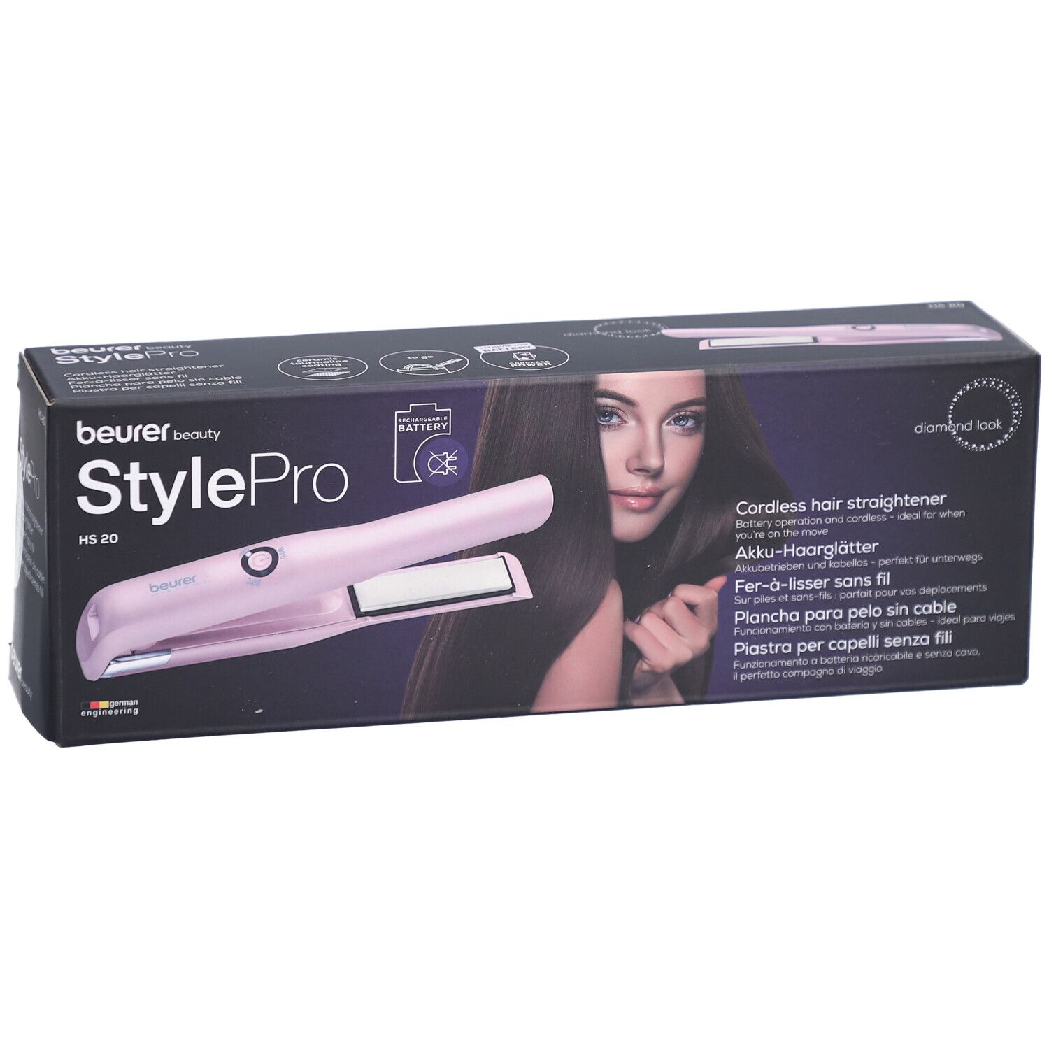 Beurer StylePro HS 20 Akku-Haarglätter in Verpackung. Pinkes Gerät, Frau mit langen Haaren auf der Verpackung.