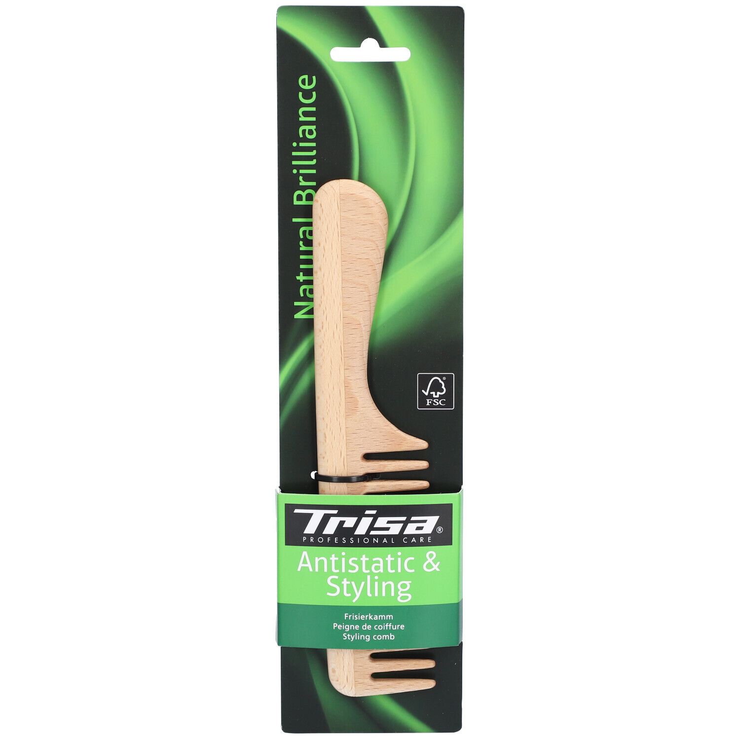 Holzkamm mit breiten Zinken, verpackt in einer Papphülle mit Produktinformationen und FSC-Siegel.