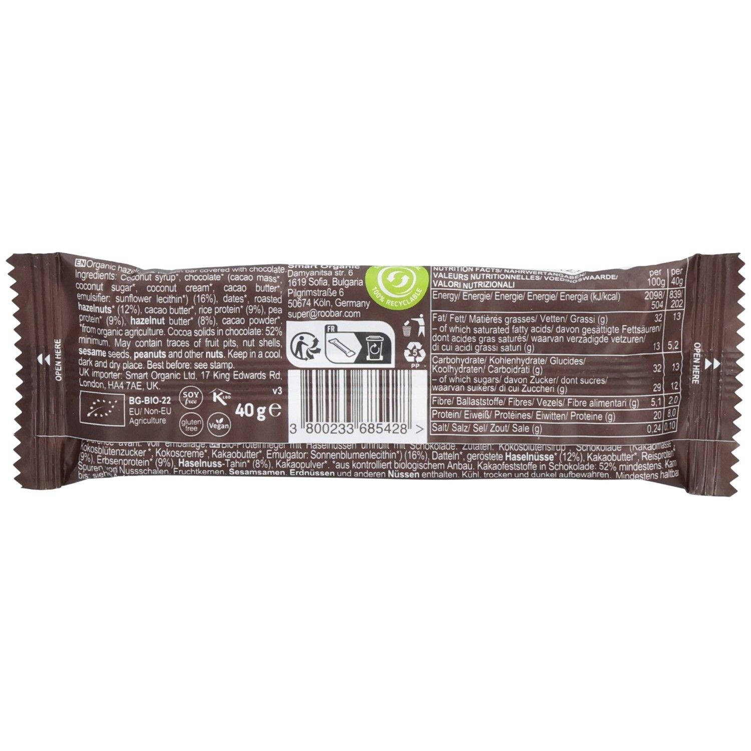 Rückseite der Riegelverpackung. Zutatenliste, Nährwertangaben und Bio-Siegel sind sichtbar. Gewicht: 40g.