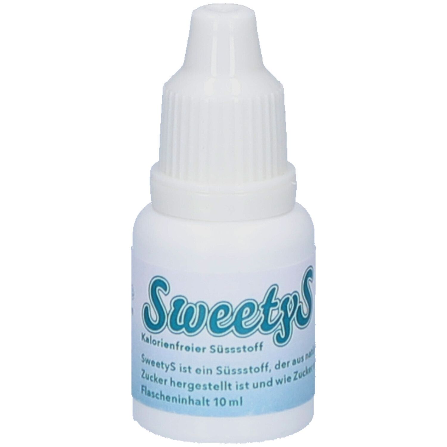 Weiße Flasche mit Tropfverschluss. Aufschrift: SweetyS, kalorienfreier Süßstoff. Text auf Deutsch.