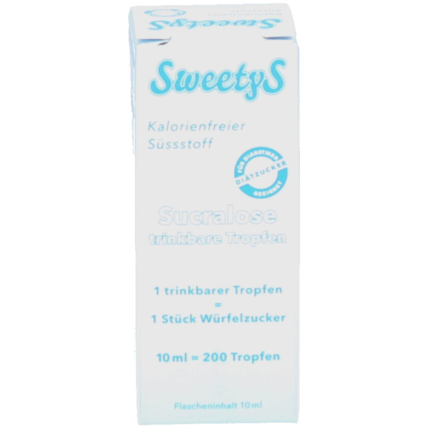 Produktverpackung. Aufschrift: SweetyS, kalorienfreier Süßstoff. Sucralose trinkbare Tropfen. Text auf Deutsch.