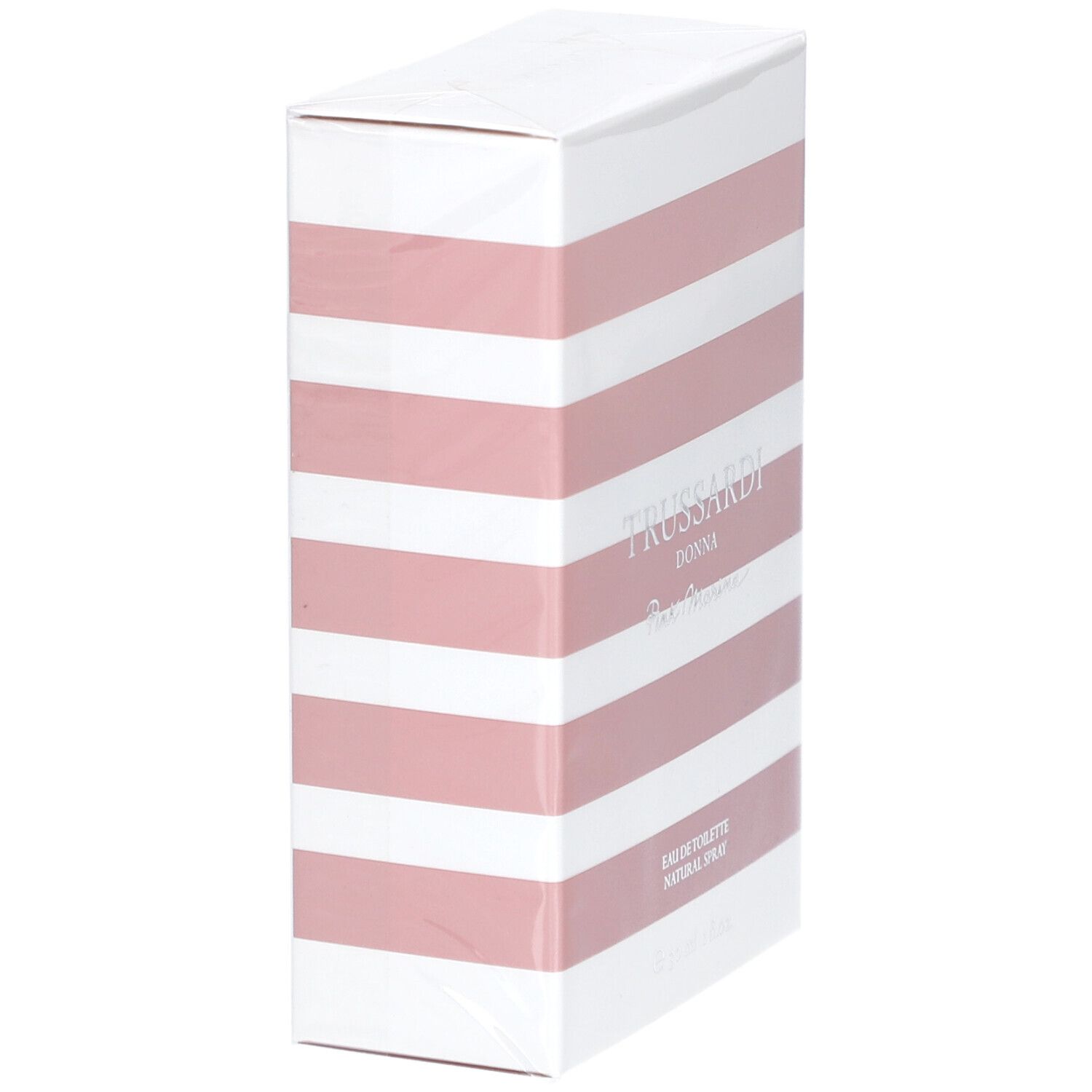 Weiße Schachtel mit rosa Streifen. Aufschrift: Trussardi Donna Eau de Toilette Natural Spray.