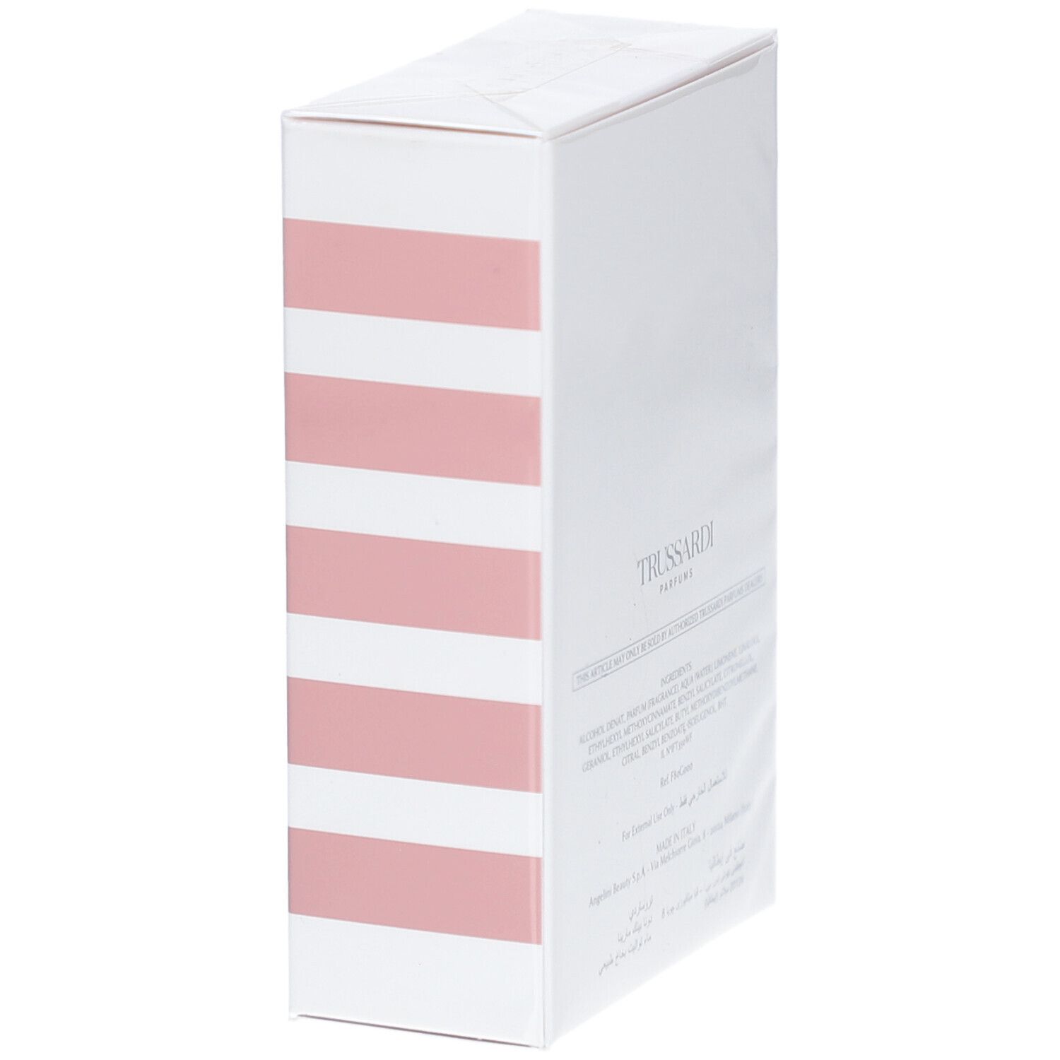 Weiße Schachtel mit rosa Streifen. Aufschrift: Trussardi Donna Eau de Toilette Natural Spray.