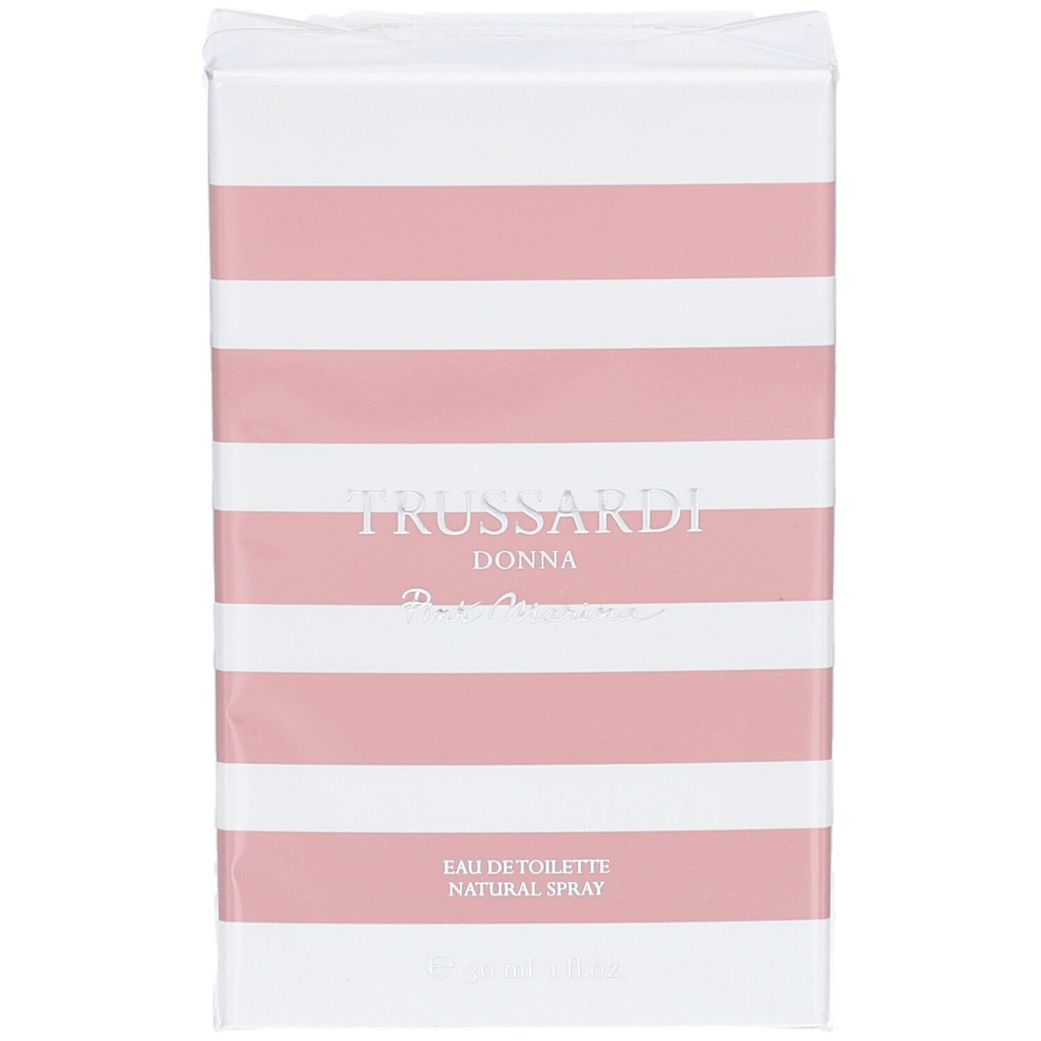 Weiße Schachtel mit rosa Streifen. Aufschrift: Trussardi Donna Eau de Toilette Natural Spray.
