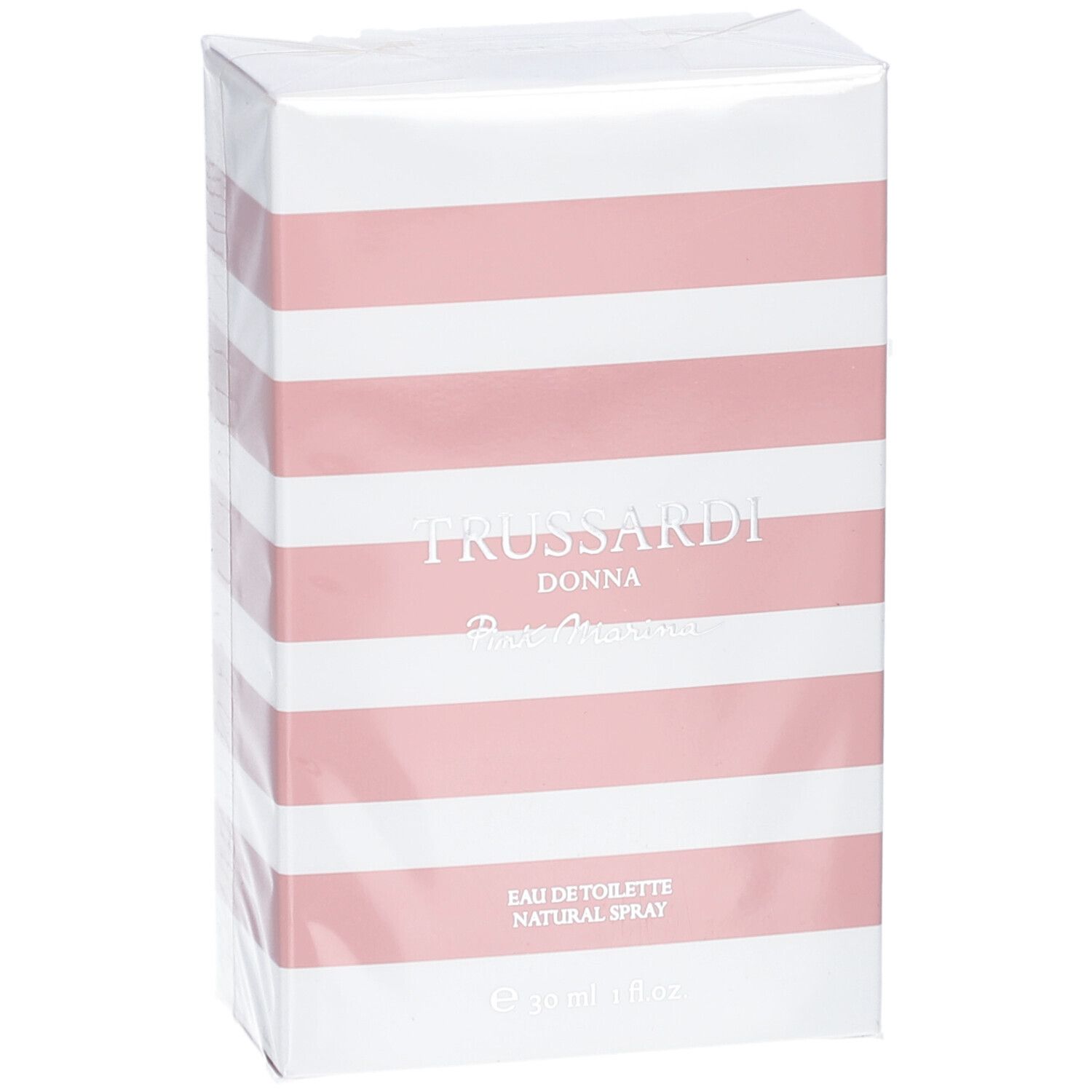 Weiße Schachtel mit rosa Streifen. Aufschrift: Trussardi Donna Eau de Toilette Natural Spray.