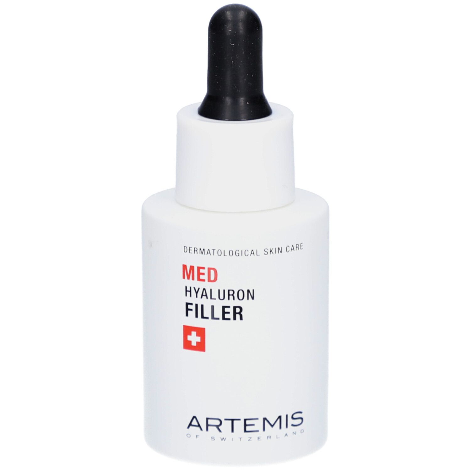 Weiße Flasche mit schwarzer Pipette. Aufschrift: MED HYALURON FILLER, rotes Kreuz, ARTEMIS.