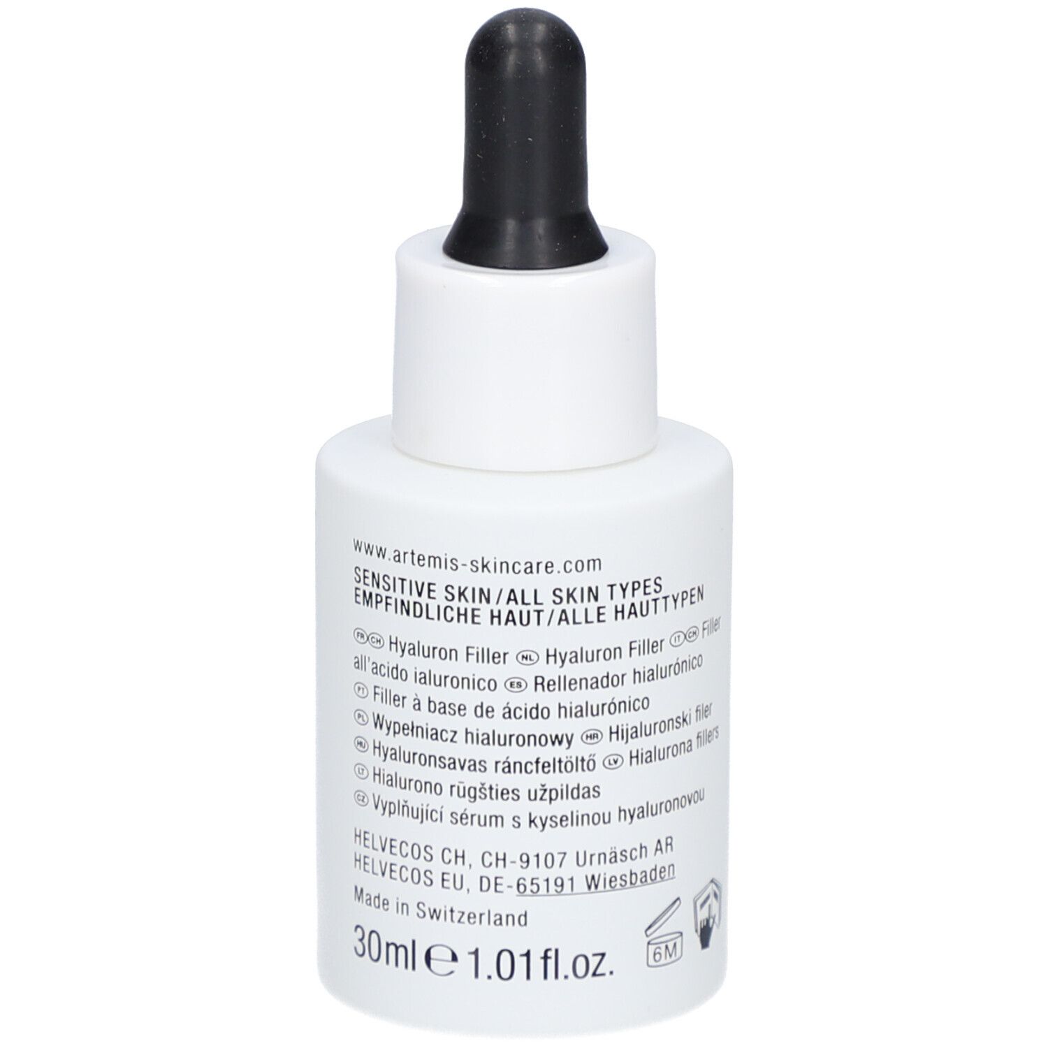 Weiße Flasche mit schwarzer Pipette. Aufschrift: MED HYALURON FILLER, 30ml, ARTEMIS.