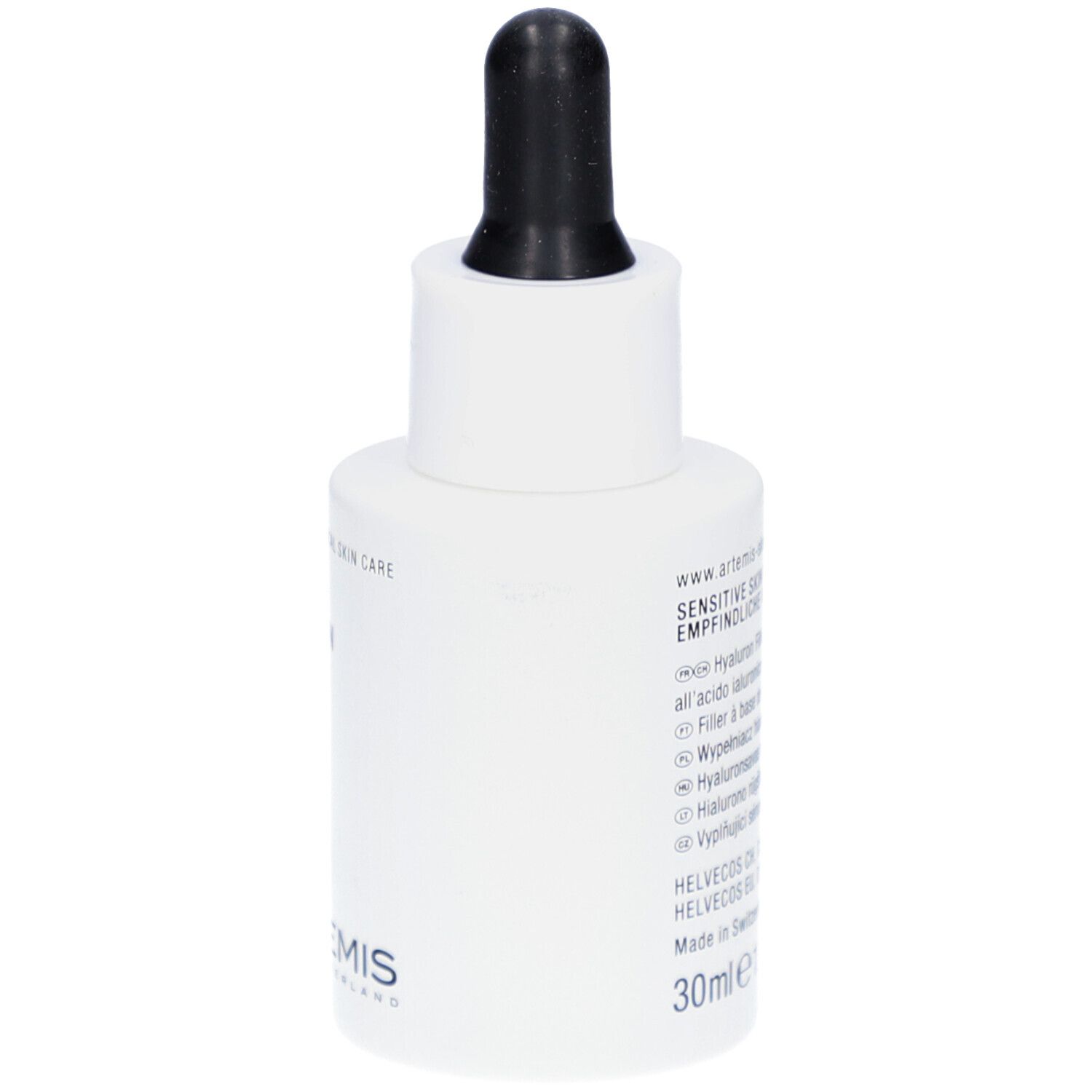 Weiße Flasche mit schwarzer Pipette. Aufschrift: MED HYALURON FILLER, 30ml, ARTEMIS.