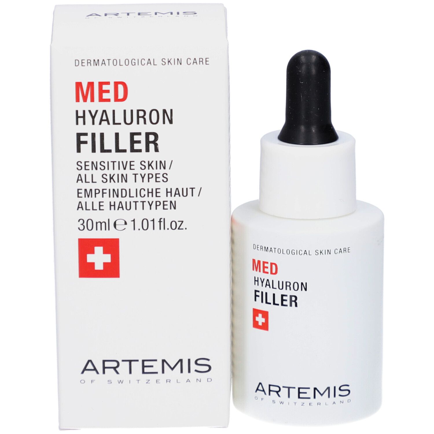 Weiße Flasche und Schachtel. Aufschrift: MED HYALURON FILLER, 30ml, rotes Kreuz, ARTEMIS.
