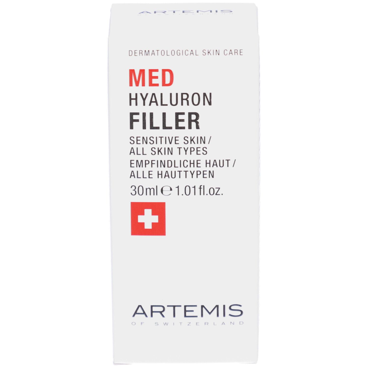 Weiße Schachtel. Aufschrift: MED HYALURON FILLER, 30ml, rotes Kreuz, ARTEMIS.