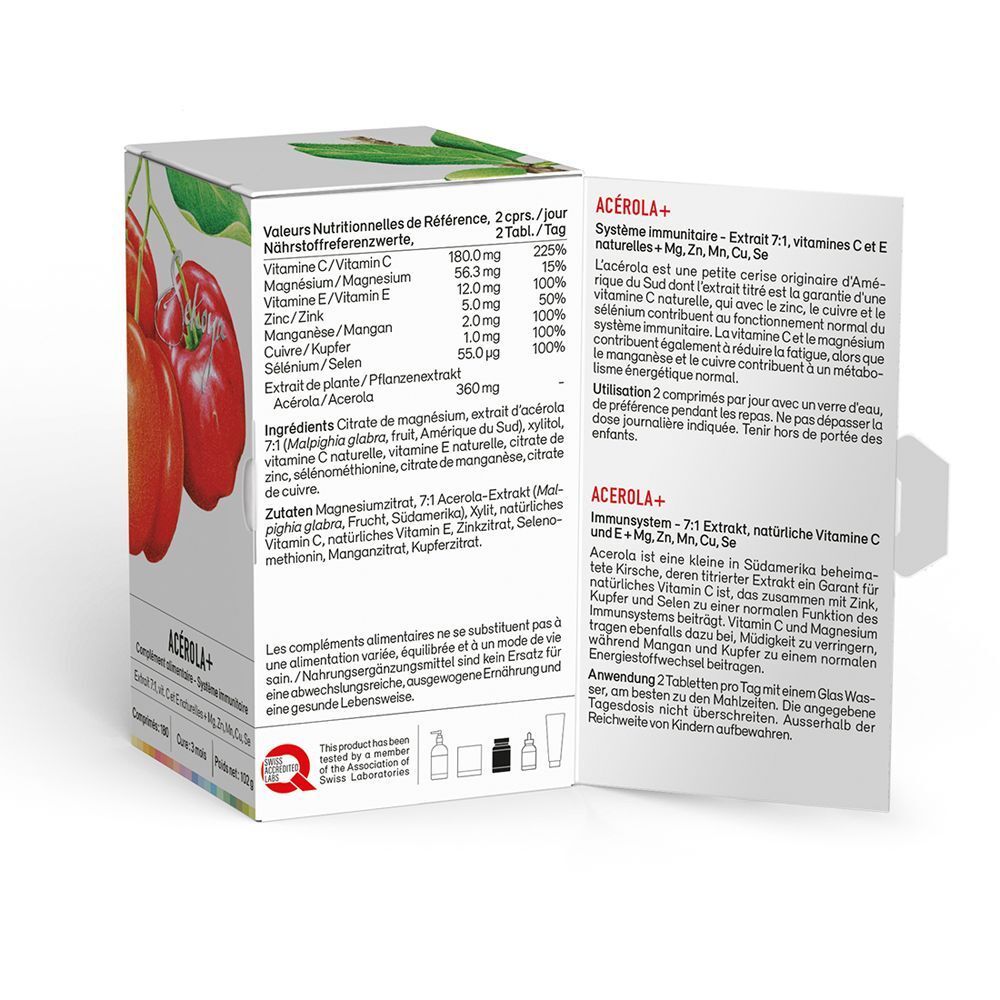 Produktverpackung mit Nährwertangaben und Inhaltsstoffen in mehreren Sprachen. Text: Acerola+ Immun-System. Schweizer Qualitätszeichen.