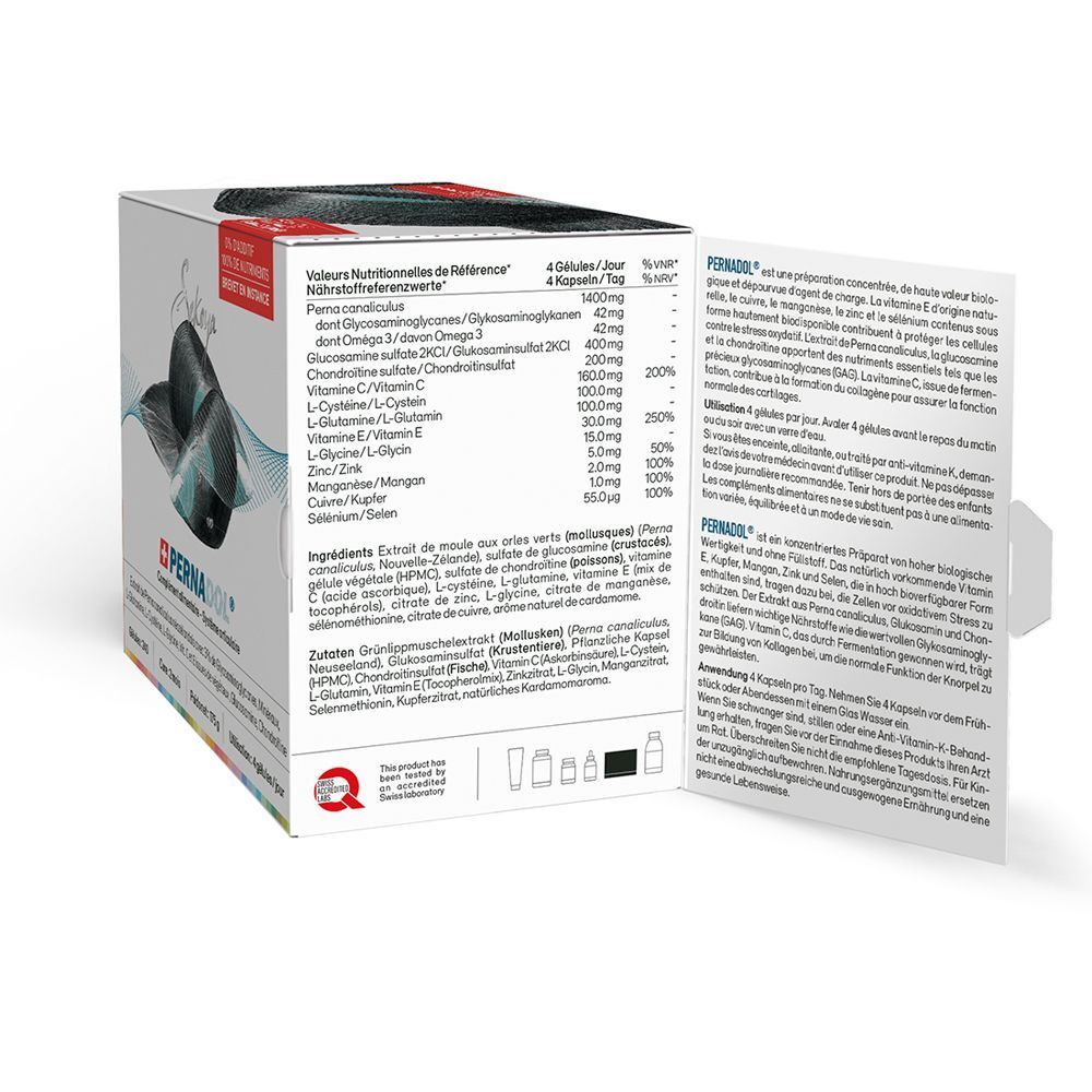 Geöffnete Schachtel mit Nährwertangaben und Inhaltsstoffen. Text in Deutsch und Französisch. Qualitätszeichen.