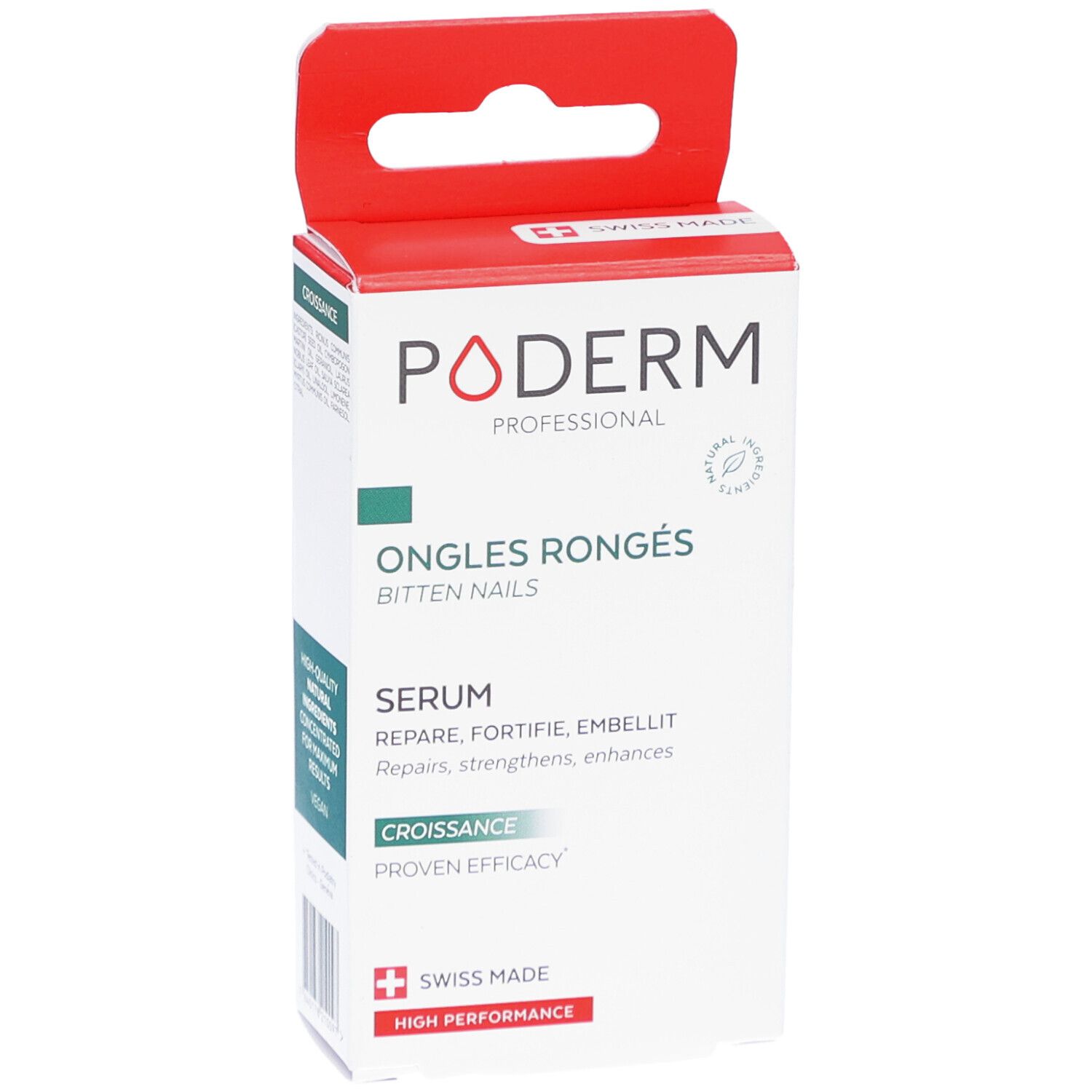 Verpackung mit rotem Aufhänger. Weiß, mit grünem und rotem Akzent. Text: PODERM, ONGLES RONGÉS, Serum, Croissance, Swiss Made.