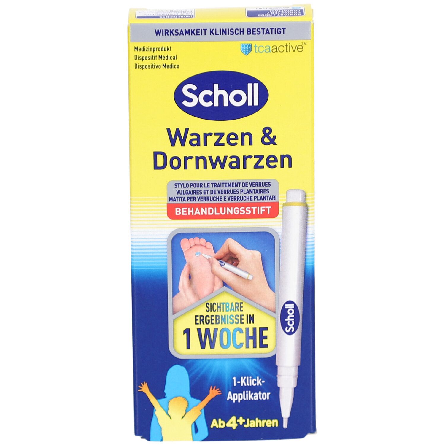 Scholl Warzen & Dornwarzen Behandlungsstift. Verpackung mit Produktabbildung und Text. Sichtbare Ergebnisse in 1 Woche. 1-Klick-Applikator. Ab 4+ Jahren.