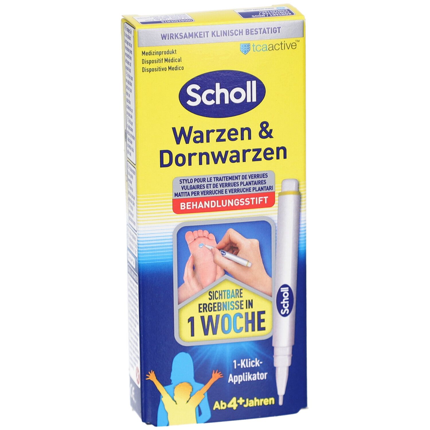 Scholl Warzen & Dornwarzen Behandlungsstift. Verpackung mit Produktabbildung und Text. Sichtbare Ergebnisse in 1 Woche. 1-Klick-Applikator. Ab 4+ Jahren.