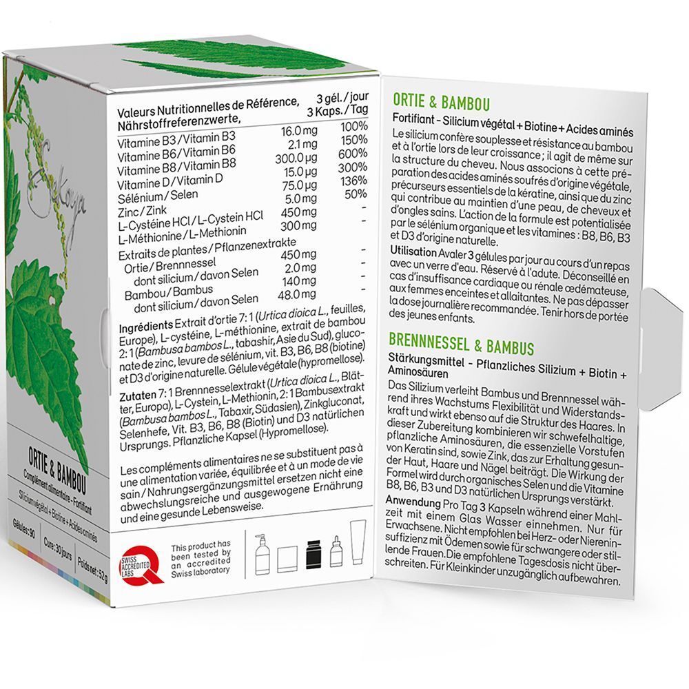 Weiße Produktverpackung mit Text und Nährwertangaben. Logo und Produktname sind sichtbar.