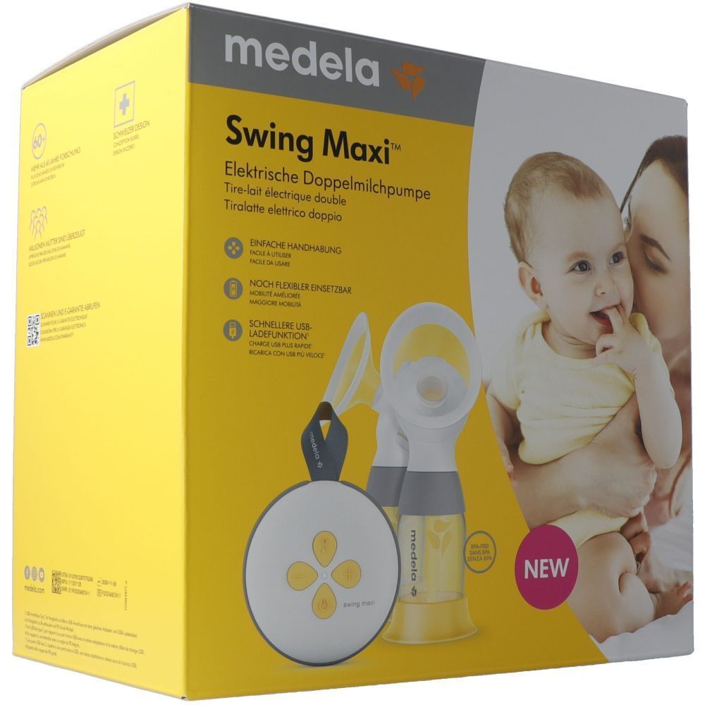 Gelbe Verpackung mit Produktabbildung und Text. Aufschrift: Swing Maxi, elektrische Doppelmilchpumpe. Baby und Mutter abgebildet.