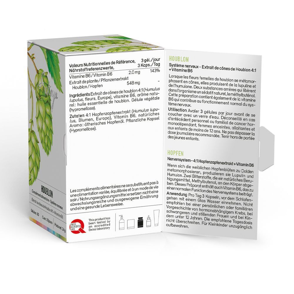 Weiße Schachtel mit Hopfen-Illustration und Text. Innenseite mit Produktinformationen in Französisch und Deutsch.