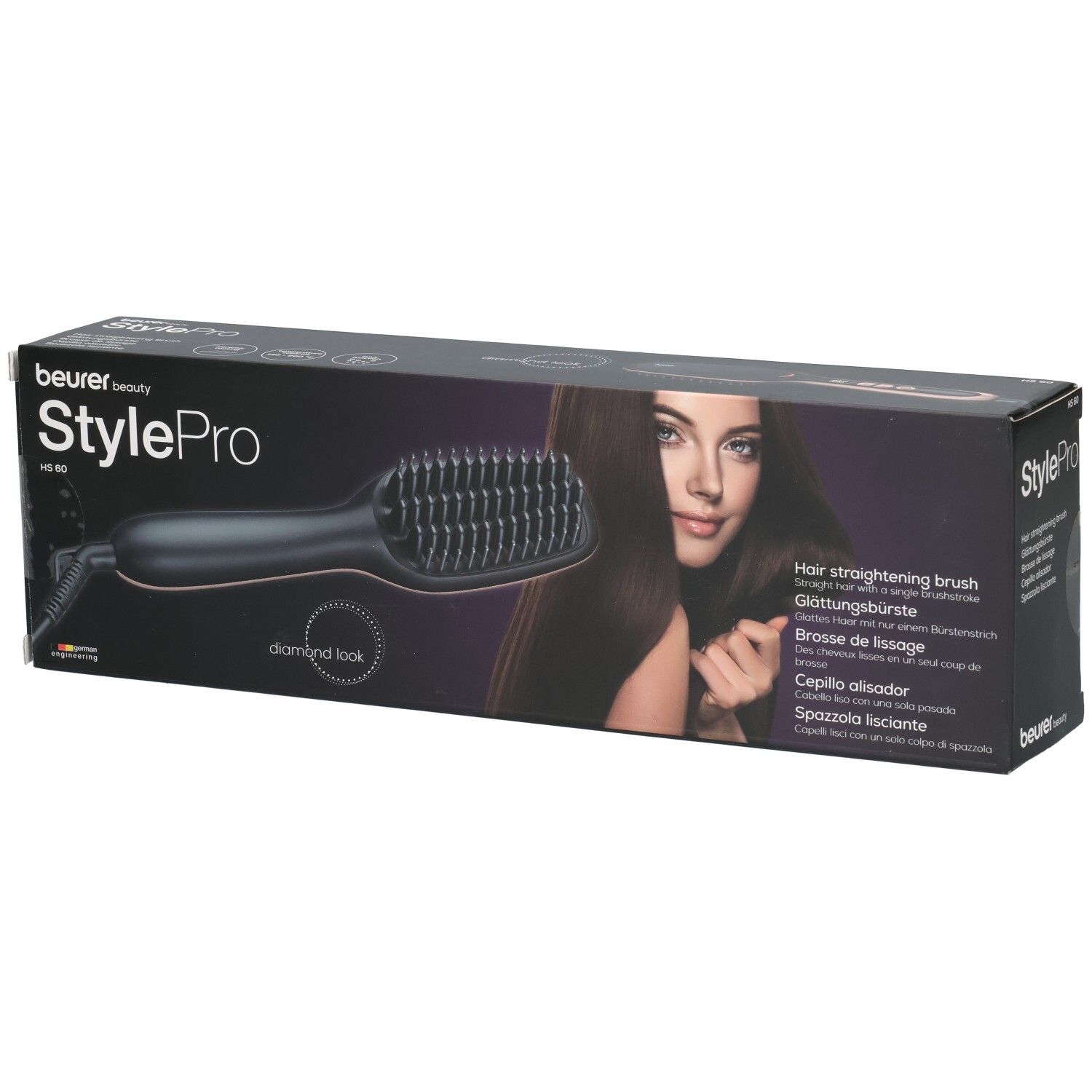 Beurer StylePro Haarglättungsbürste HS 60 Verpackung mit Produktabbildung und Frau.