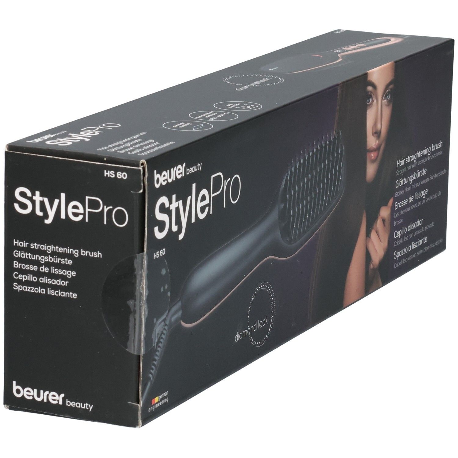 Beurer StylePro Haarglättungsbürste HS 60 auf schwarzer Verpackung mit Bild einer Frau.
