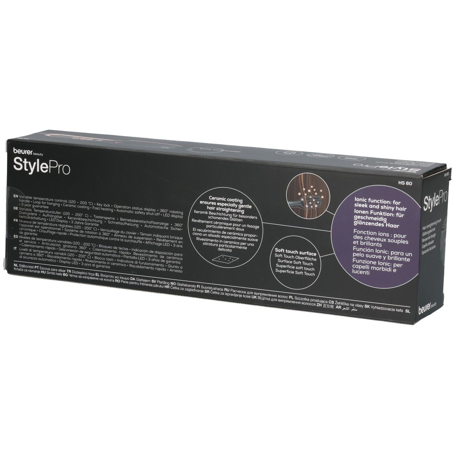Beurer StylePro HS60 Verpackung mit Produktmerkmalen wie Keramikbeschichtung und Ionenfunktion.