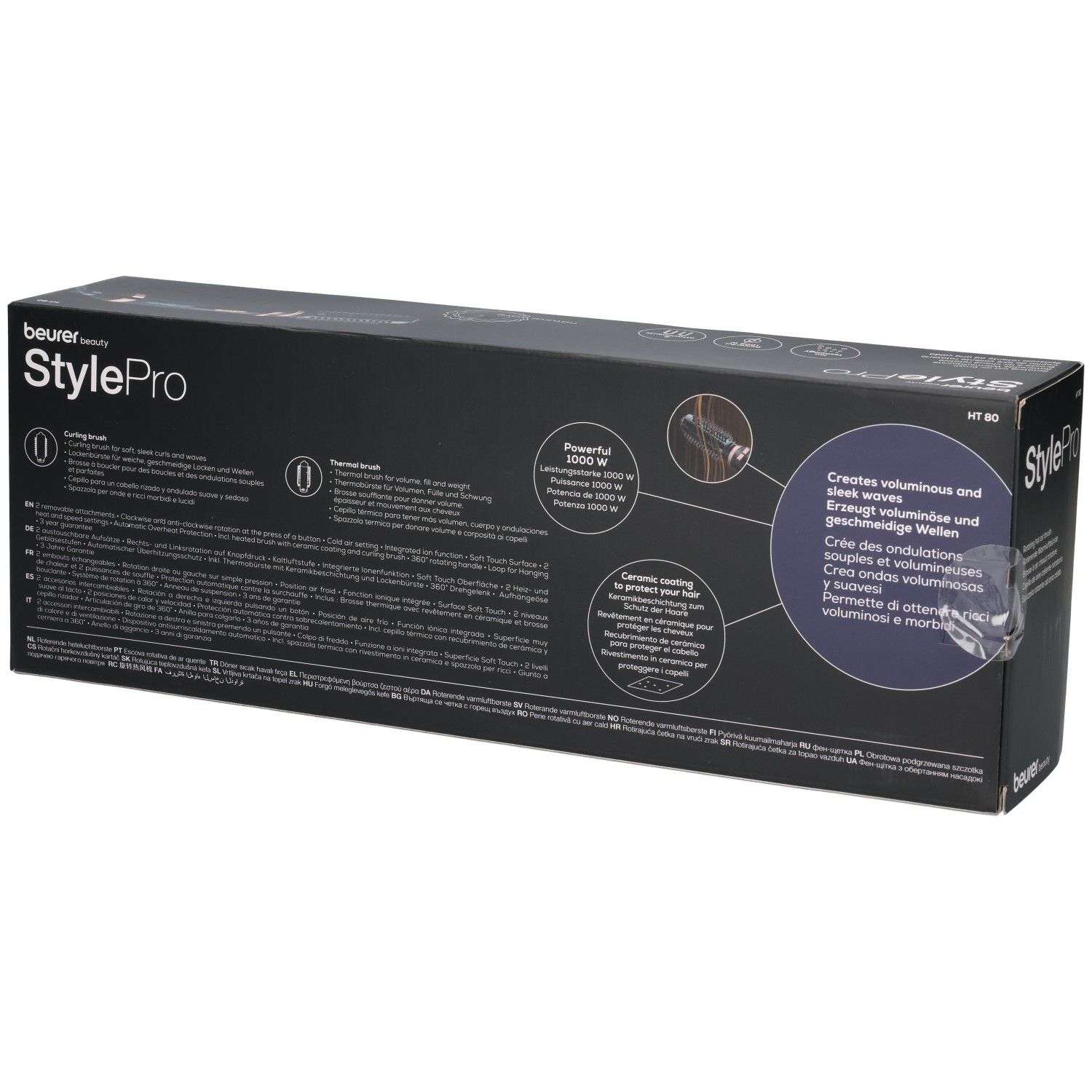 Rückseite der Beurer StylePro Verpackung. Textinformationen, Produktmerkmale und technische Daten. Schwarzer Hintergrund.