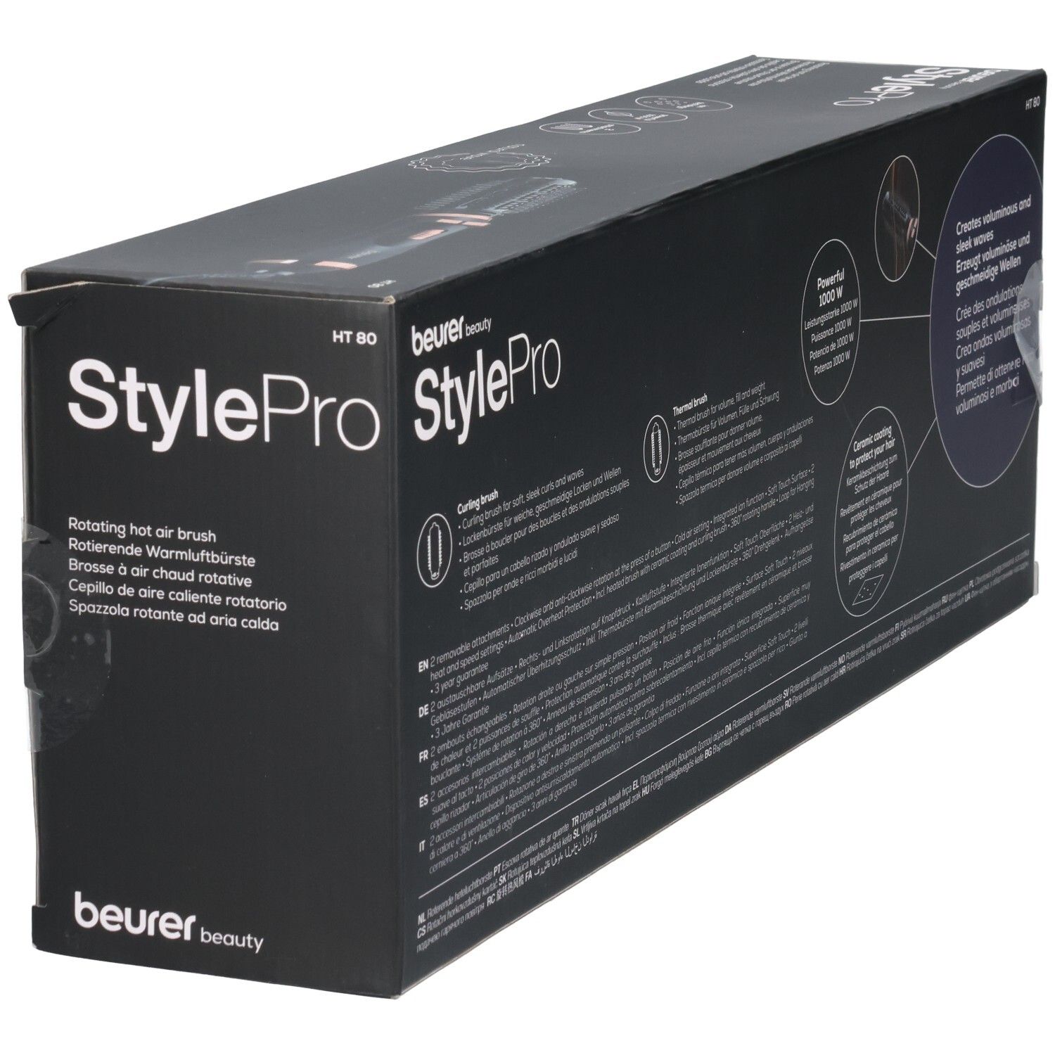 Beurer StylePro Verpackung. Produktname, Modellbezeichnung und Produktmerkmale. Schwarzer Hintergrund.