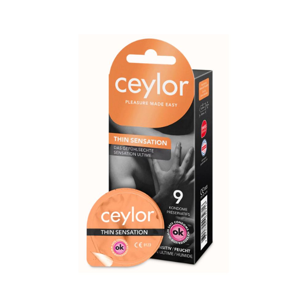 Ceylor Thin Sensation Kondome. Verpackung mit 9 Kondomen und einzelnes Kondom. Orangefarbene Verpackung mit Produktnamen und Logo.