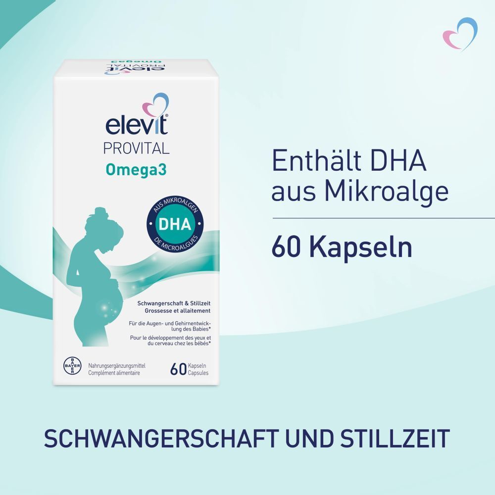ELEVIT PROVITAL Omega3 DHA-Verpackung. Enthält DHA aus Mikroalgen. 60 Kapseln. Schwangerschaft und Stillzeit.