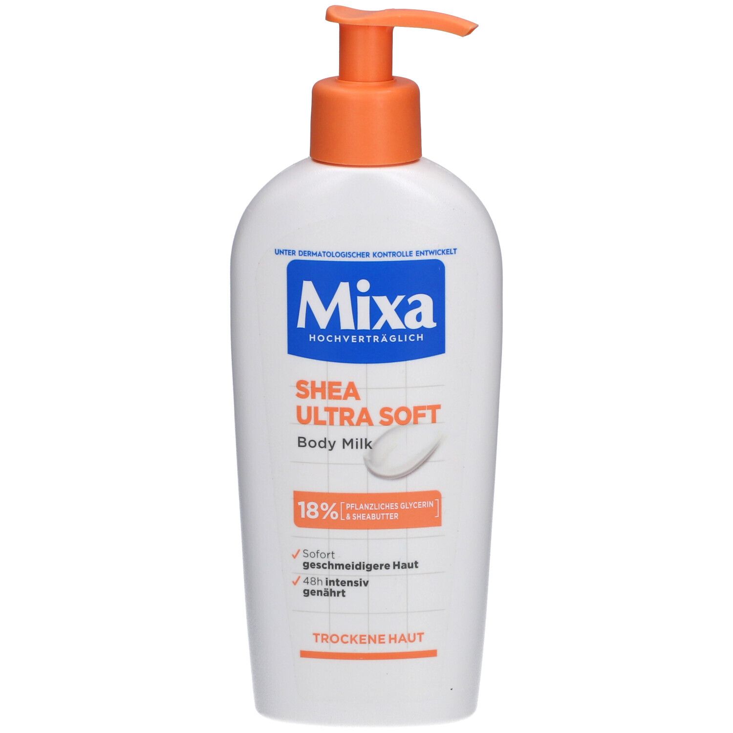 Weiße Flasche mit orangefarbenem Pumpkopf. Aufschrift: Mixa, Shea Ultra Soft Body Milk, 18% pflanzliches Glycerin.
