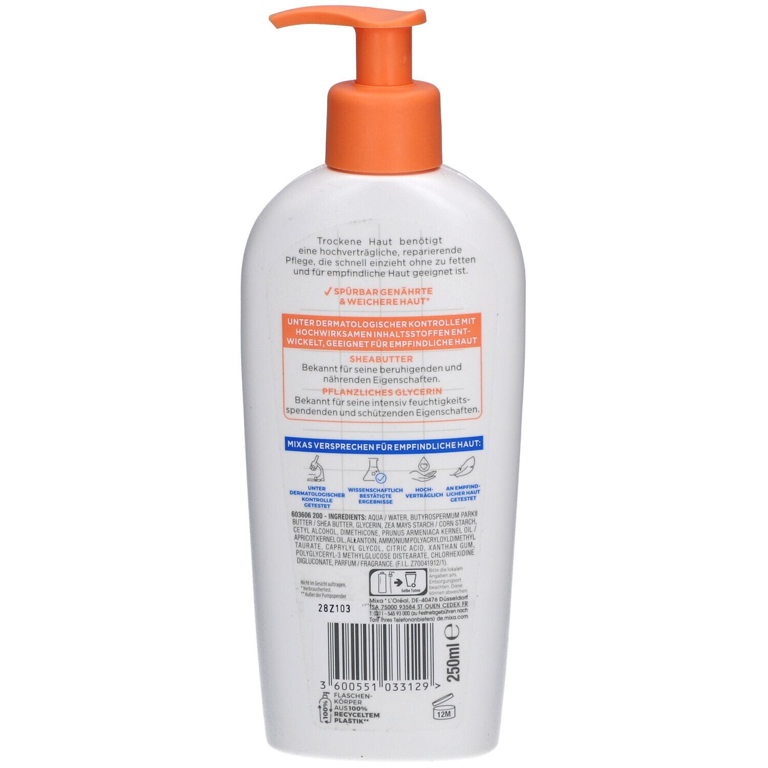 Rückseite der weißen Flasche mit orangefarbenem Pumpkopf. Text und Inhaltsstoffe. 250ml.