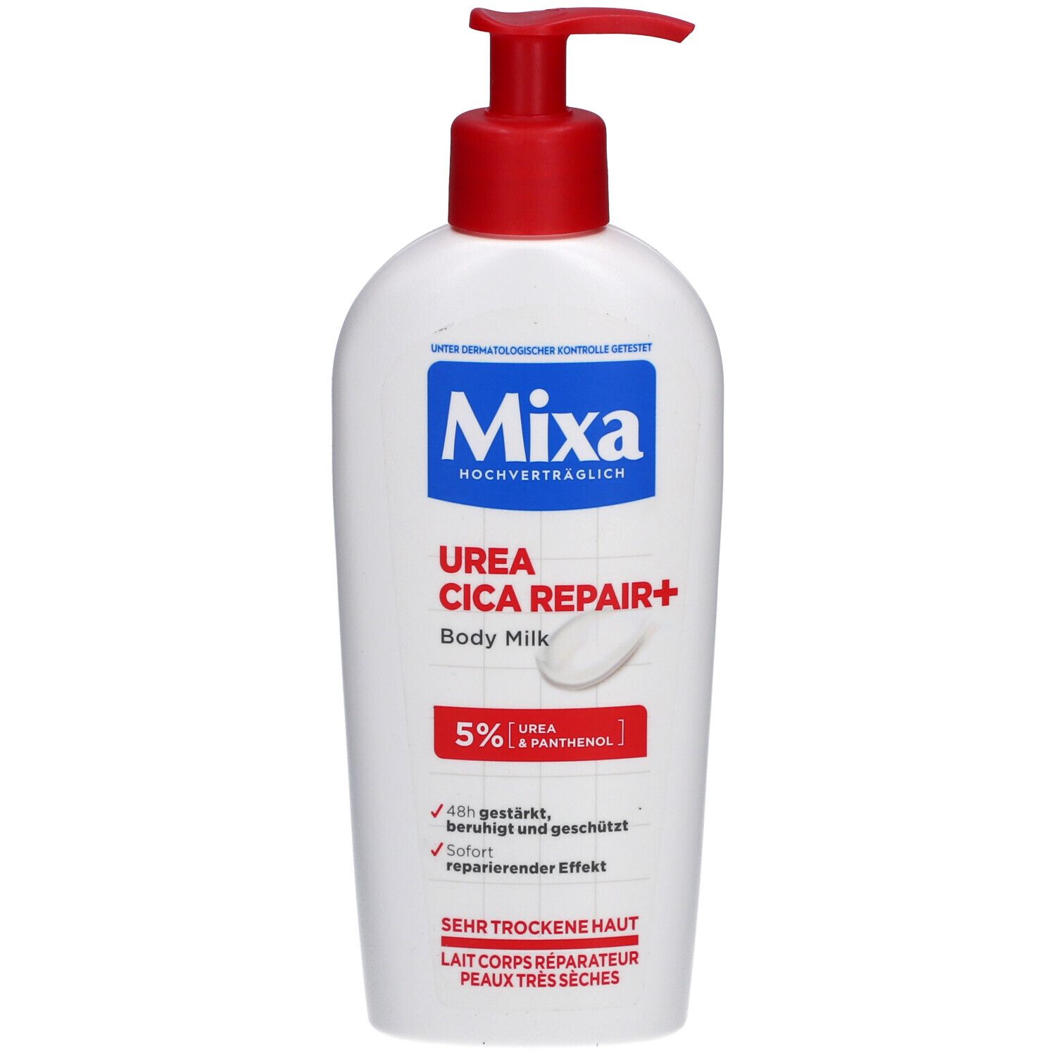 Weiße Flasche mit rotem Pumpkopf. Blaue Mixa-Marke, darunter "Urea Cica Repair+". Text: "Body Milk", "5% Urea & Panthenol".