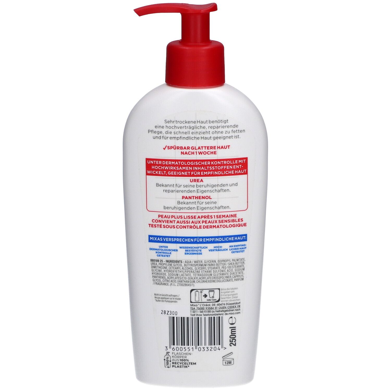 Rückseite der weißen Flasche mit rotem Pumpkopf. Text: "Urea", "Panthenol", "Peau plus lisse après 1 semaine".