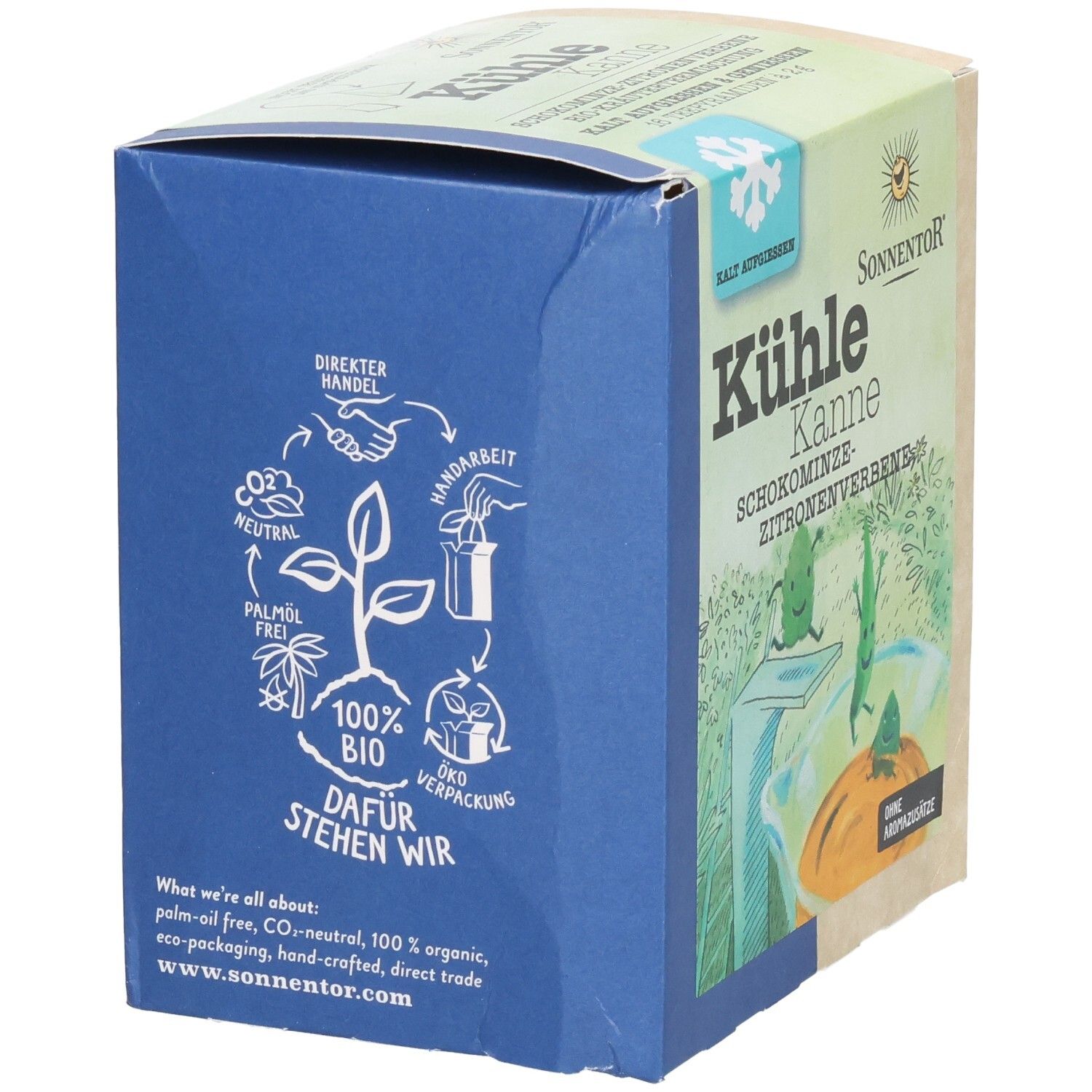 Rückseite der Sonnentor Tee-Verpackung. Text: 100% Bio, Palmölfrei, CO2-neutral, Direkter Handel. Illustration mit Pflanze.